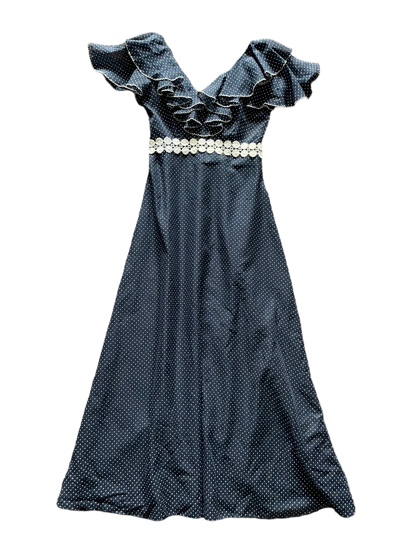 Full front view of Vintage 1970s Navy Blue Swiss Dot Maxi Dress SZ S |  Barn Owl Vintage Dresses | Seattle True Vintage