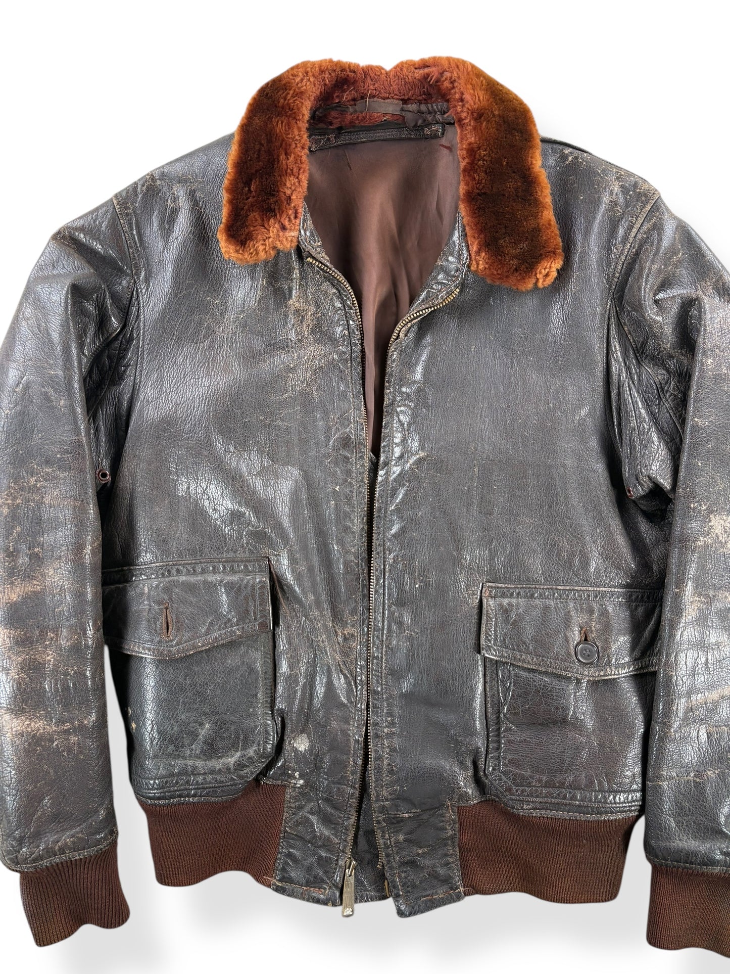 Front Close Up of Vintage 40s Era G-1 Leather Flight Jacket SZ M AS IS