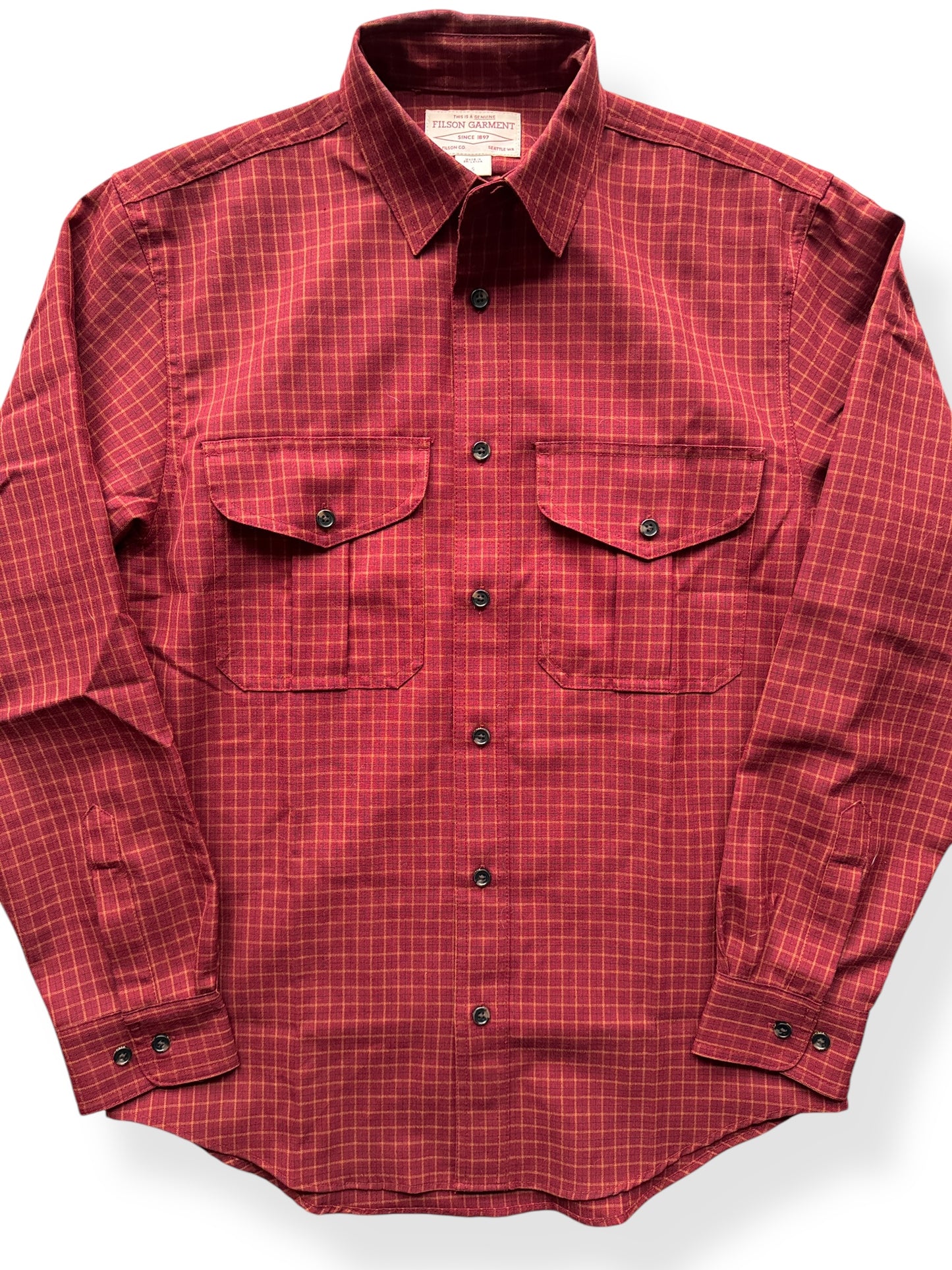 Front Close Up of Filson Merino Wool Red Gold Plaid Guide Shirt SZ S