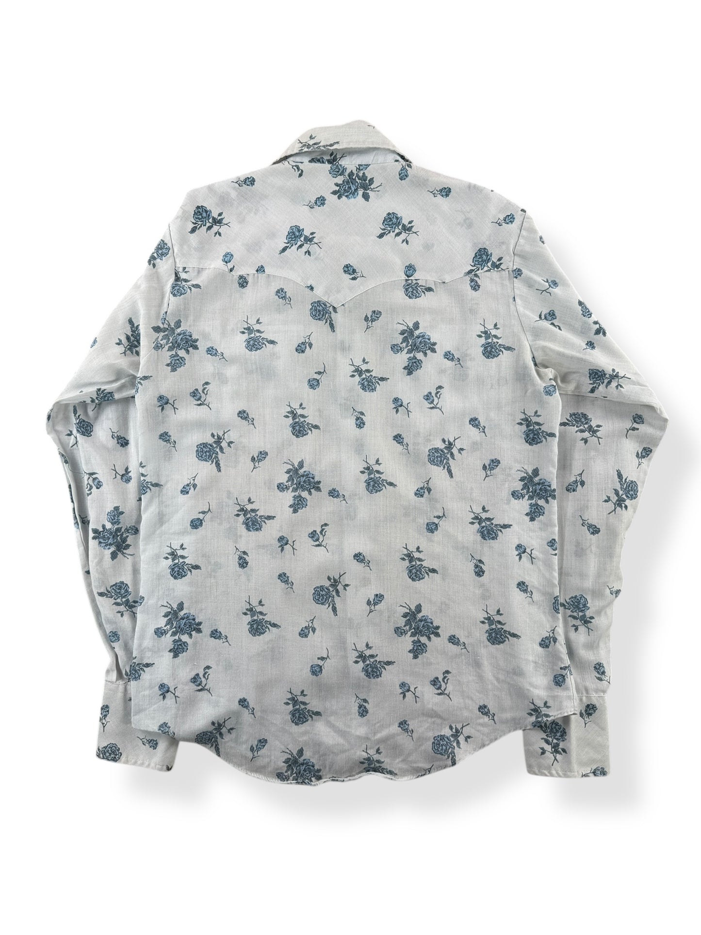 Back of Vintage Miller Baby Blue Floral Pearl Snap Shirt SZ S