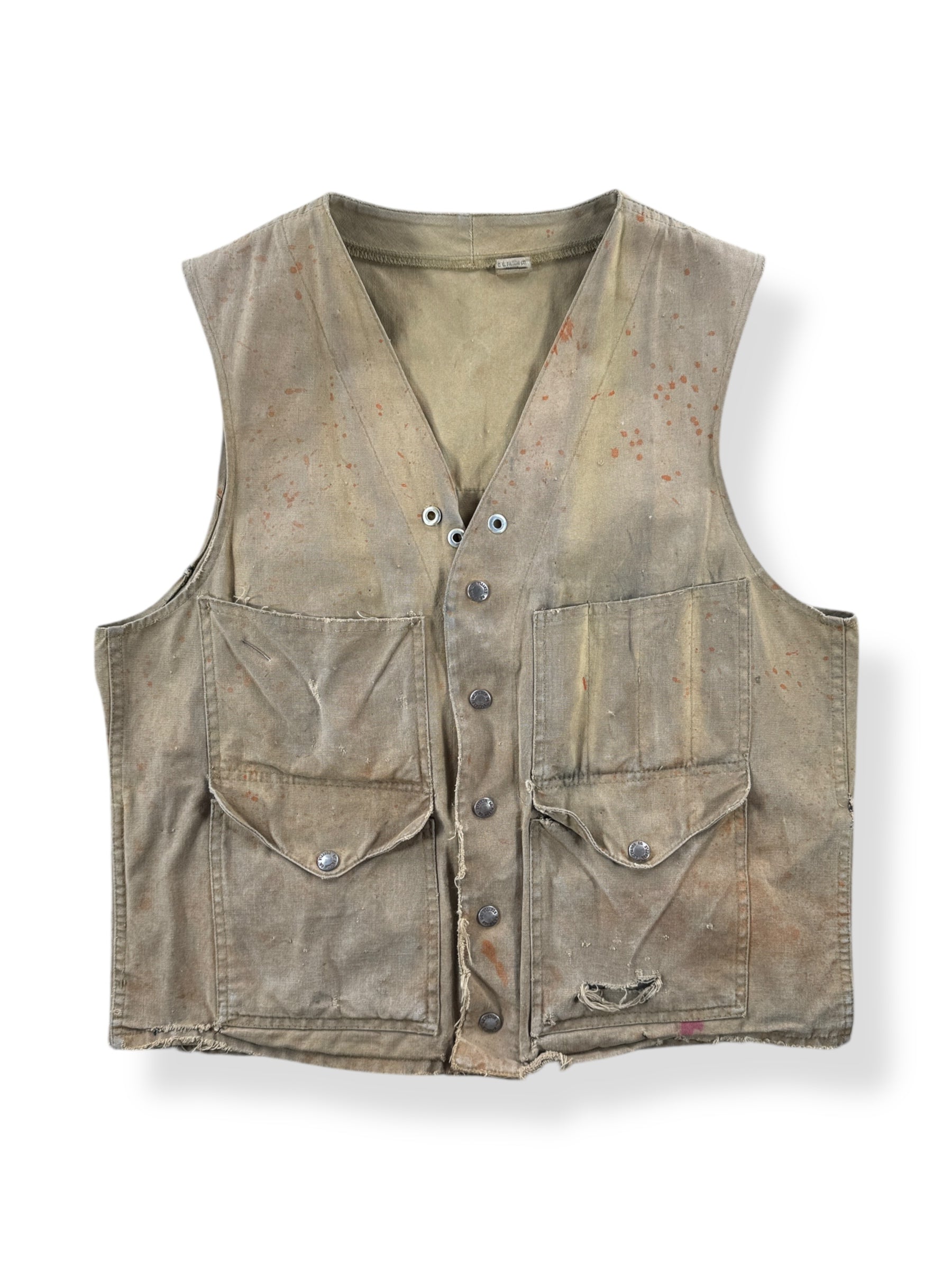 Front of Vintage Filson Tin Hunting Vest Button Sample SZ 40