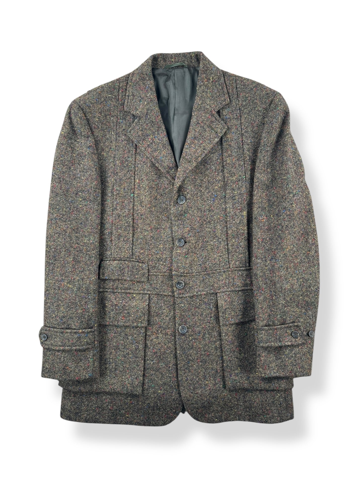 Front of Vintage J Peterman Belted Wool Tweed Jacket SZ M