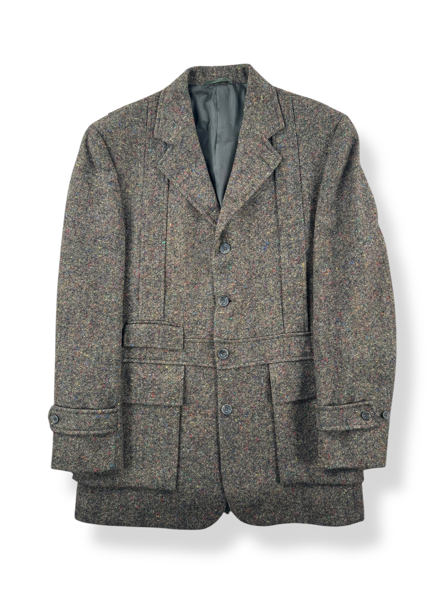 Front of Vintage J Peterman Belted Wool Tweed Jacket SZ M