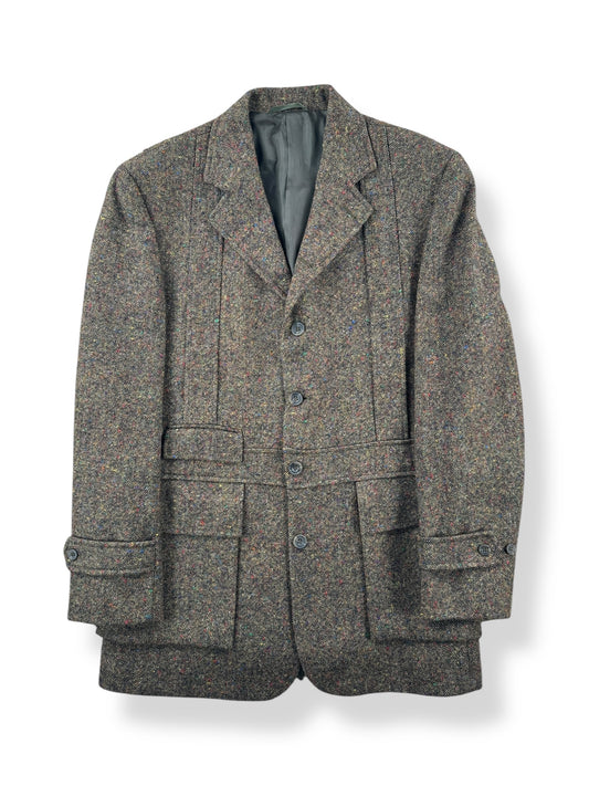 Front of Vintage J Peterman Belted Wool Tweed Jacket SZ M