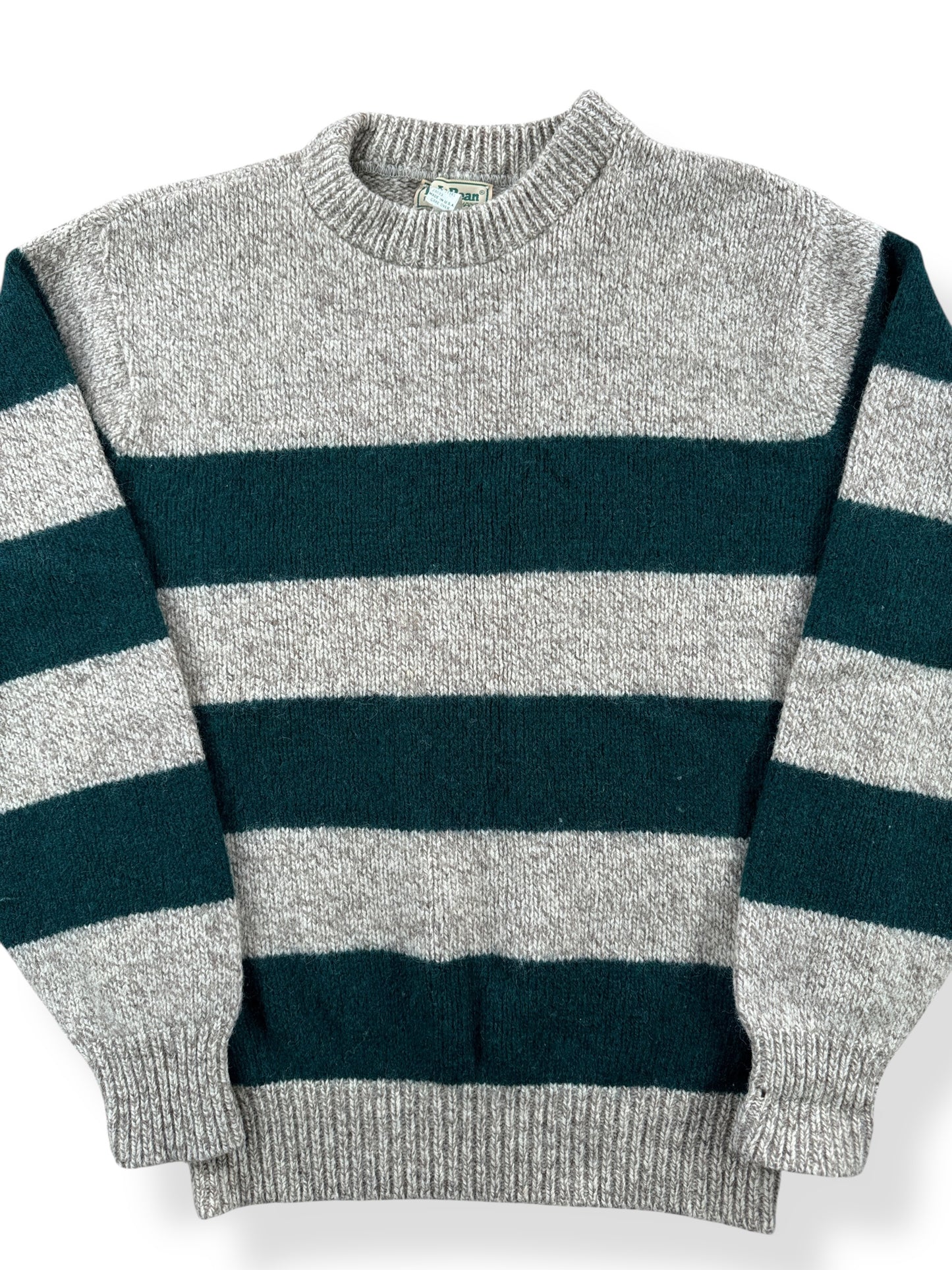 Front Close Up of Vintage LL Bean Green Striped Ragg Wool Blend Sweater SZ L
