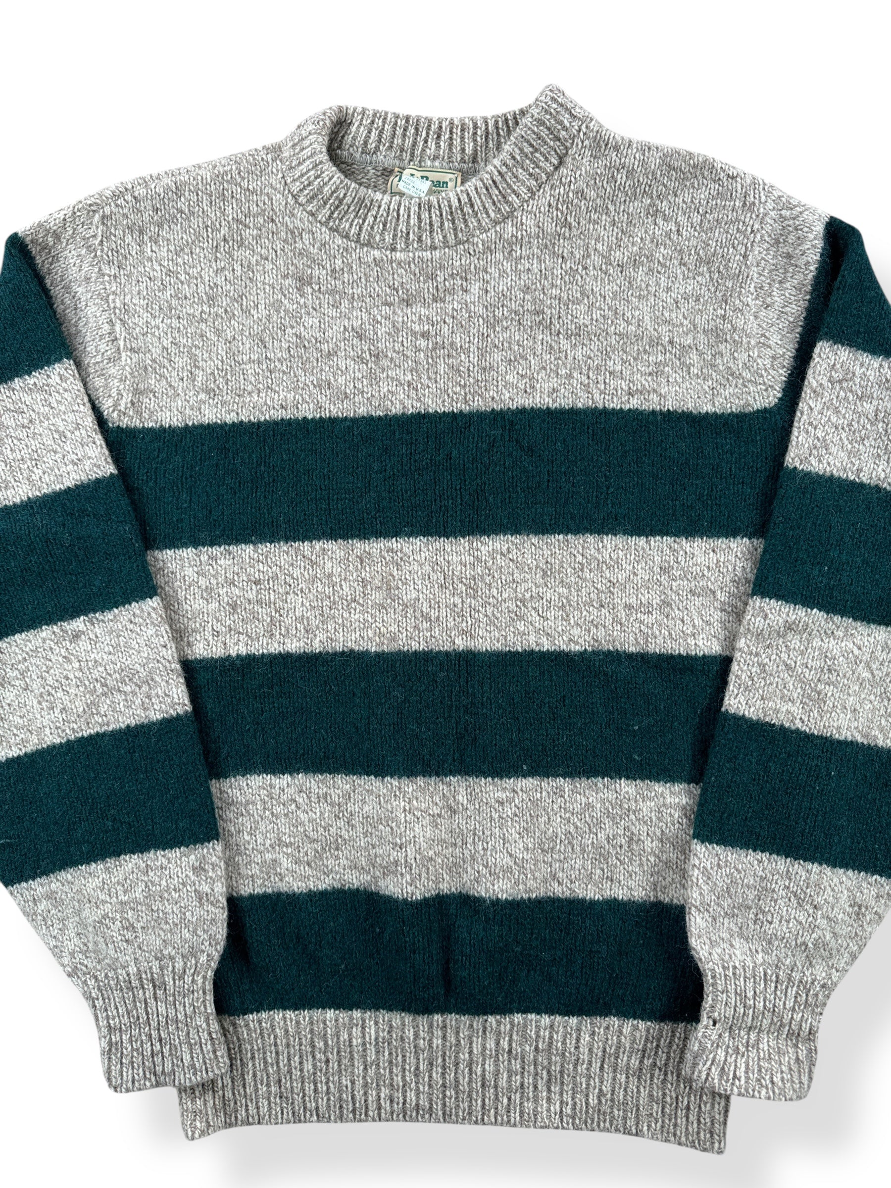 Front Close Up of Vintage LL Bean Green Striped Ragg Wool Blend Sweater SZ L