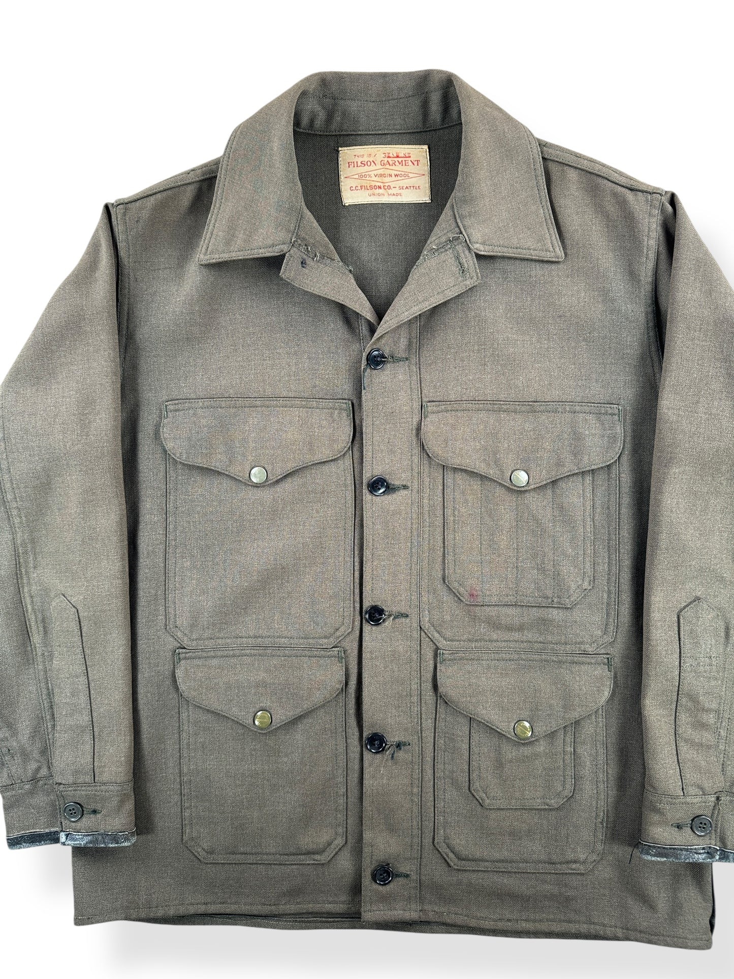 Front Close Up of Vintage Union Made Filson Cruiser Jacket w/ Leather Cuffs SZ 44