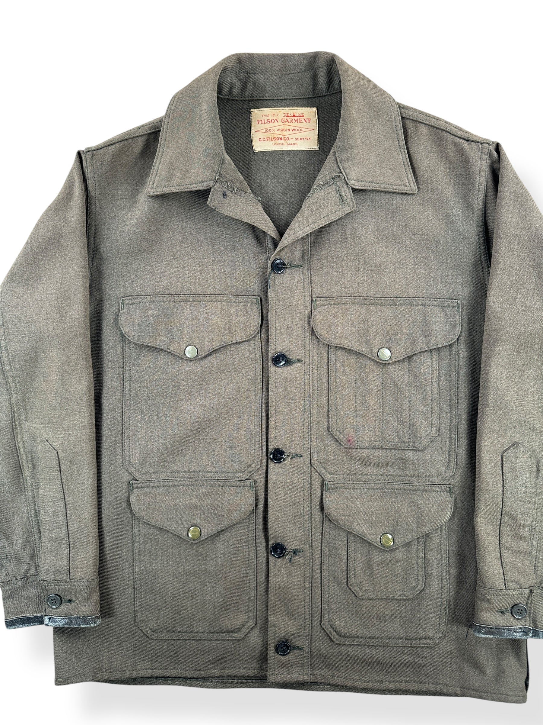 Front Close Up of Vintage Union Made Filson Cruiser Jacket w/ Leather Cuffs SZ 44
