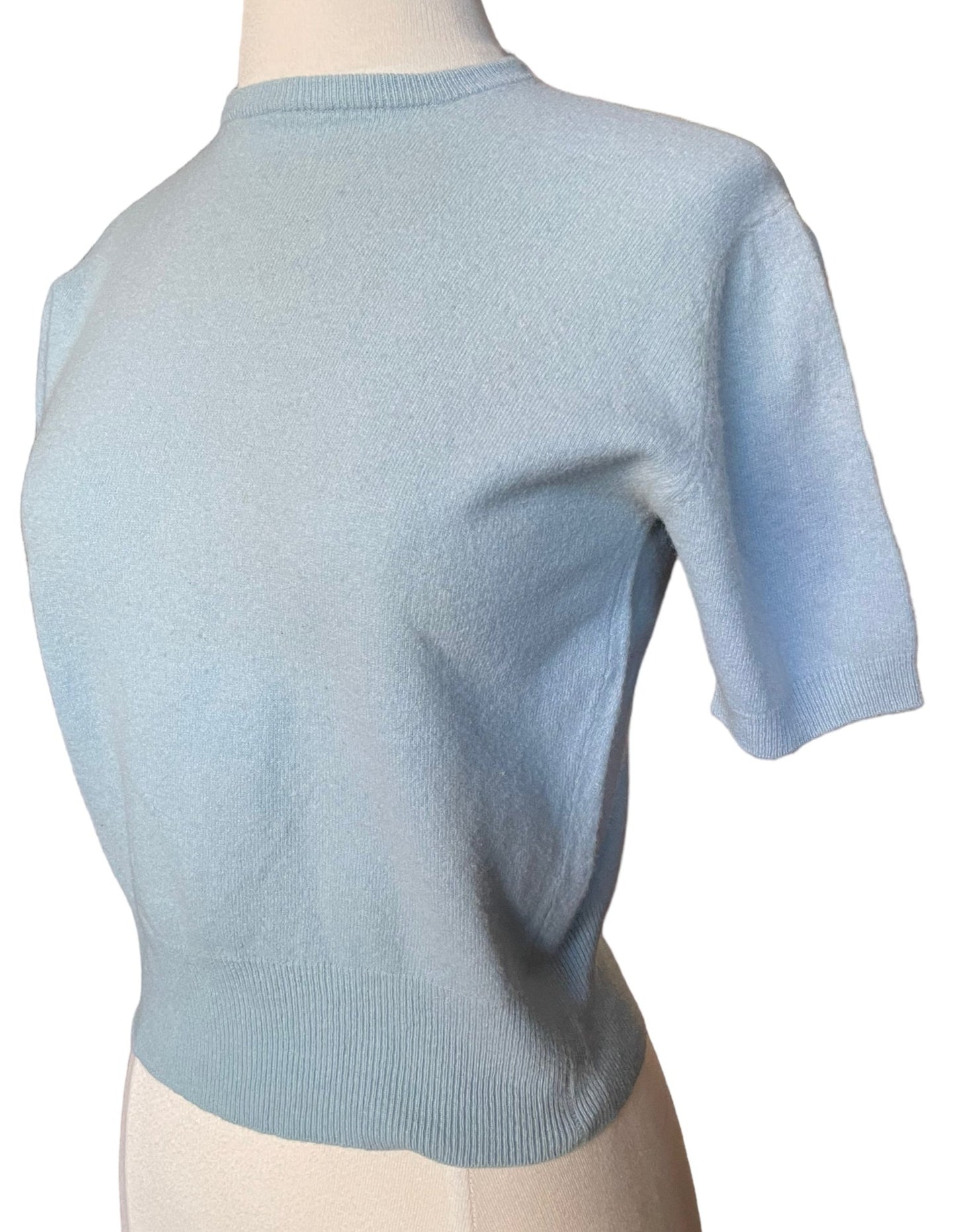 Front left side view of Vintage 1950s Blue Short Sleeve Lamb's Wool Sweater | Seattle Vintage Sweaters | Barn Owl Vintage