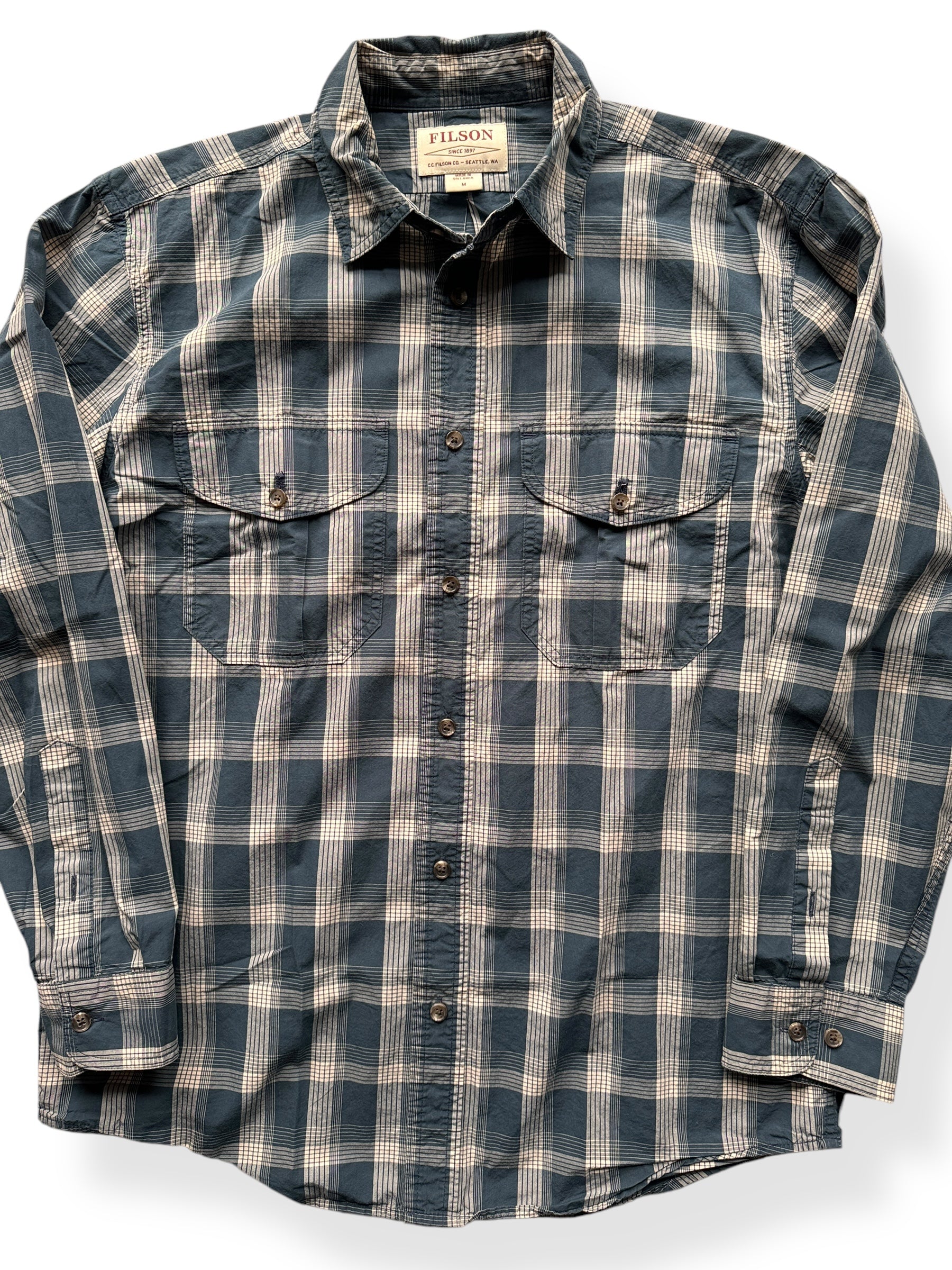 Front Close Up of Filson Blue Plaid Feather Cloth Shirt SZ M