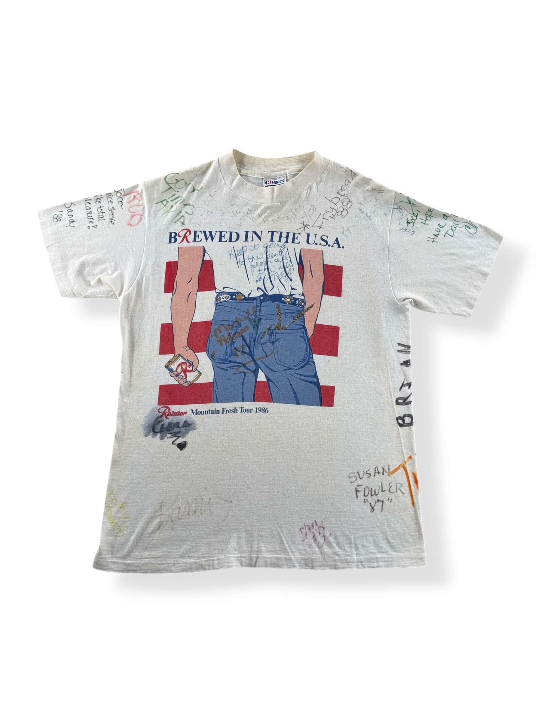 Front of Vintage 80s Rainier Brewed in the USA Signature Tee SZ M