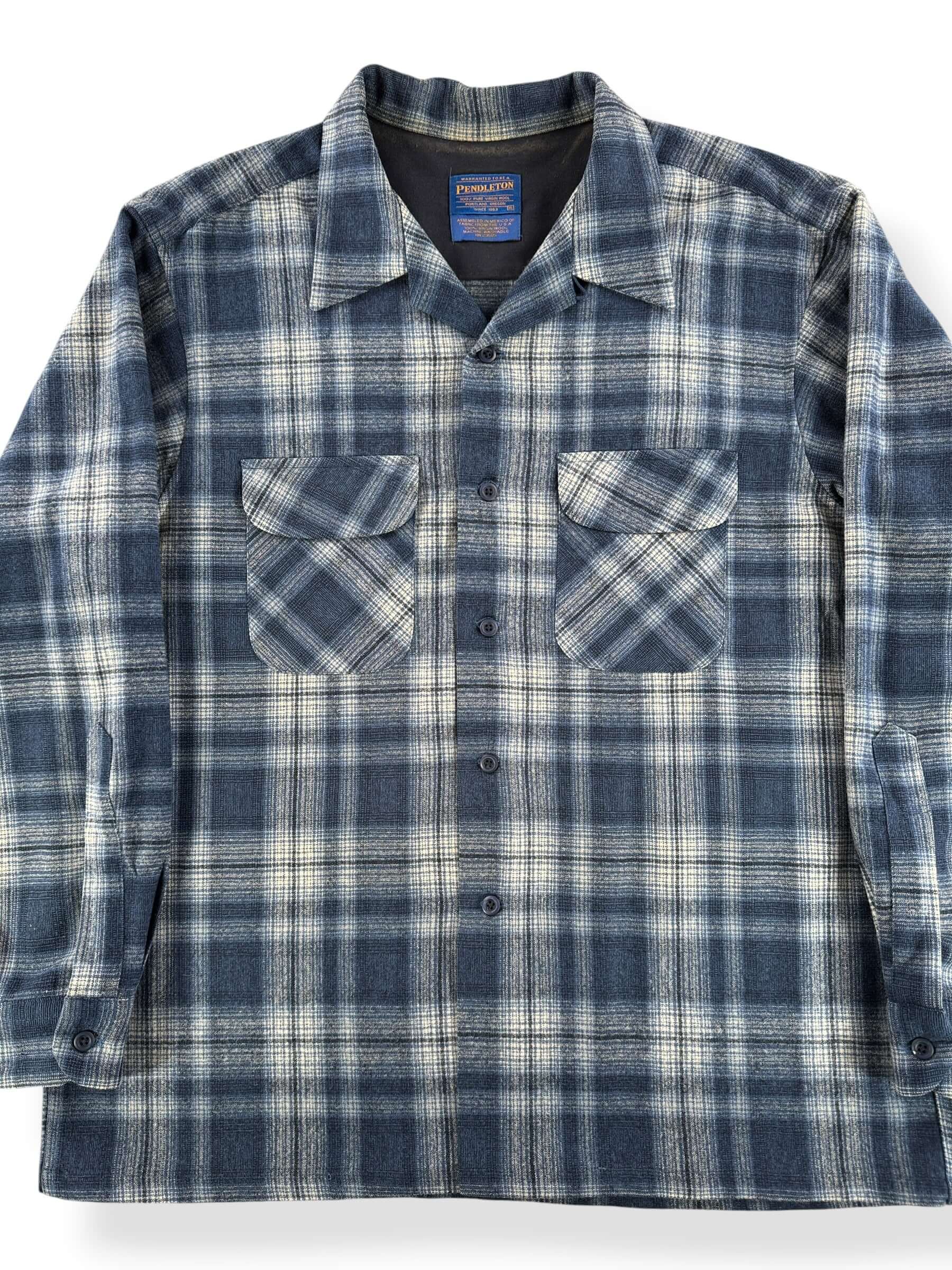 Front Close Up of Vintage Pendleton Navy & White Board Shirt SZ XL