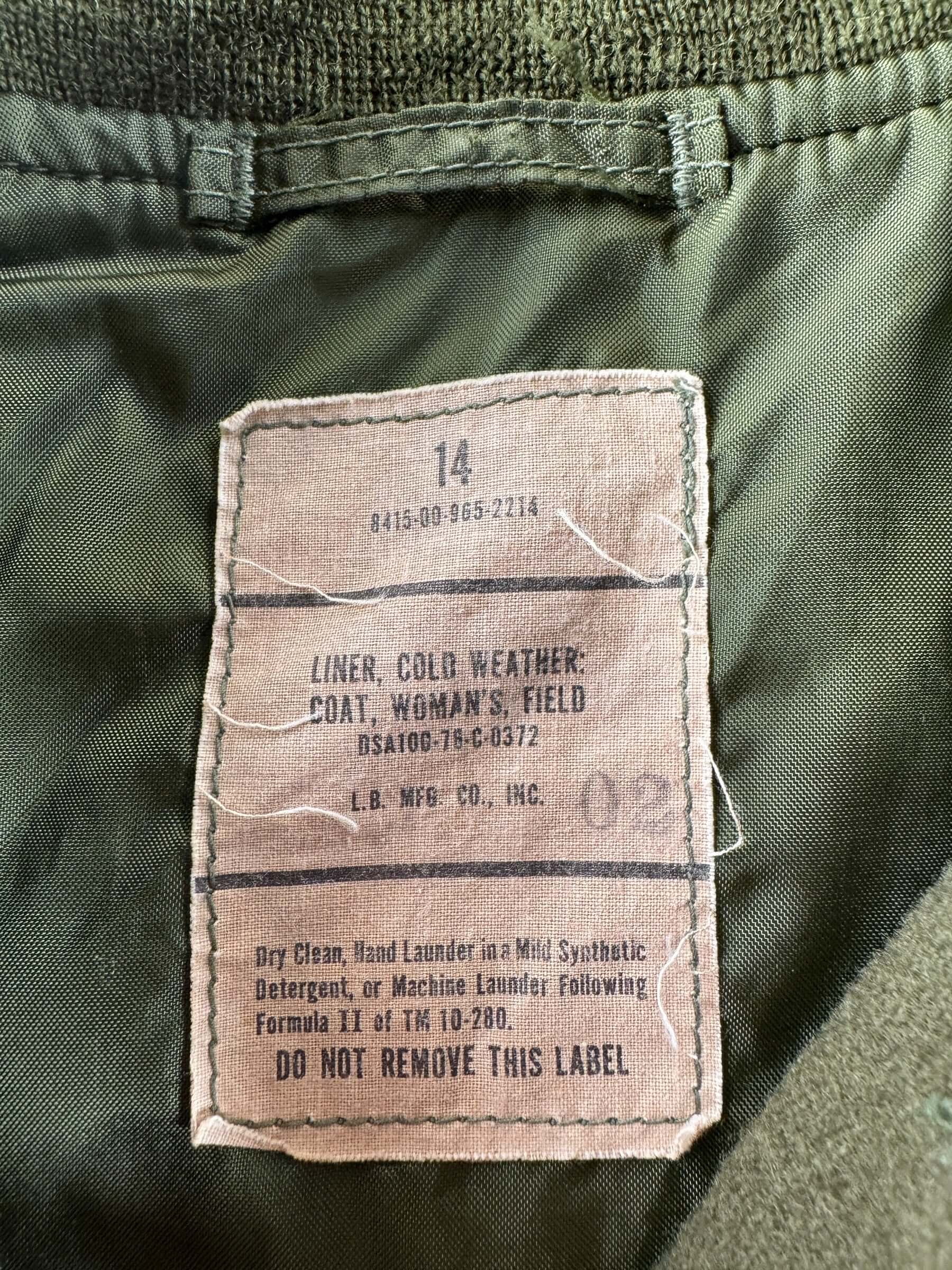 Label on Vintage Women's Cold Weather Military Liner SZ 14