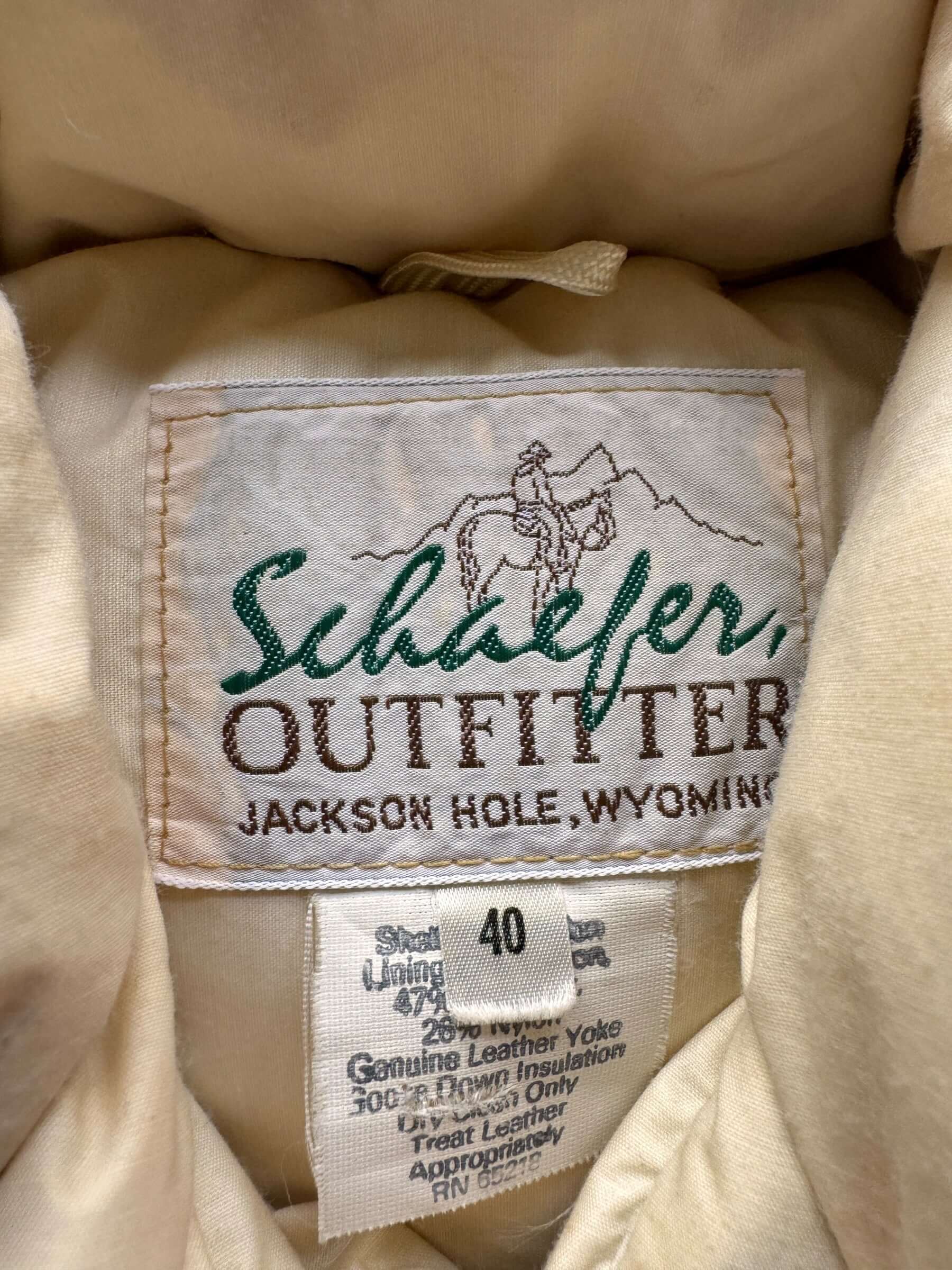 Label on Vintage Schaefer Outfitter Down Vest SZ 40