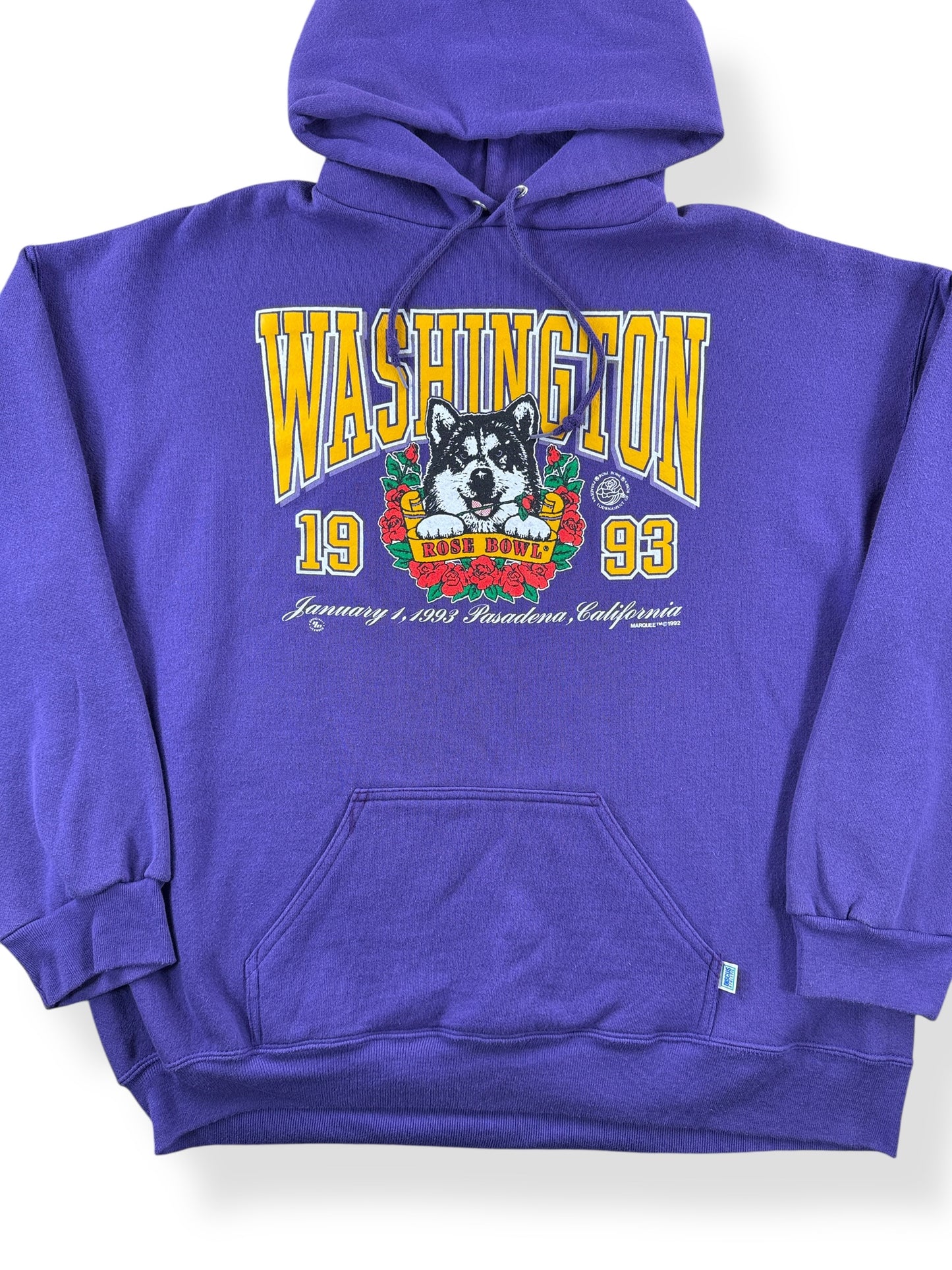 Front Close Up of Vintage Huskies '93 Rose Bowl Hoodie SZ XXL (Fits XL)