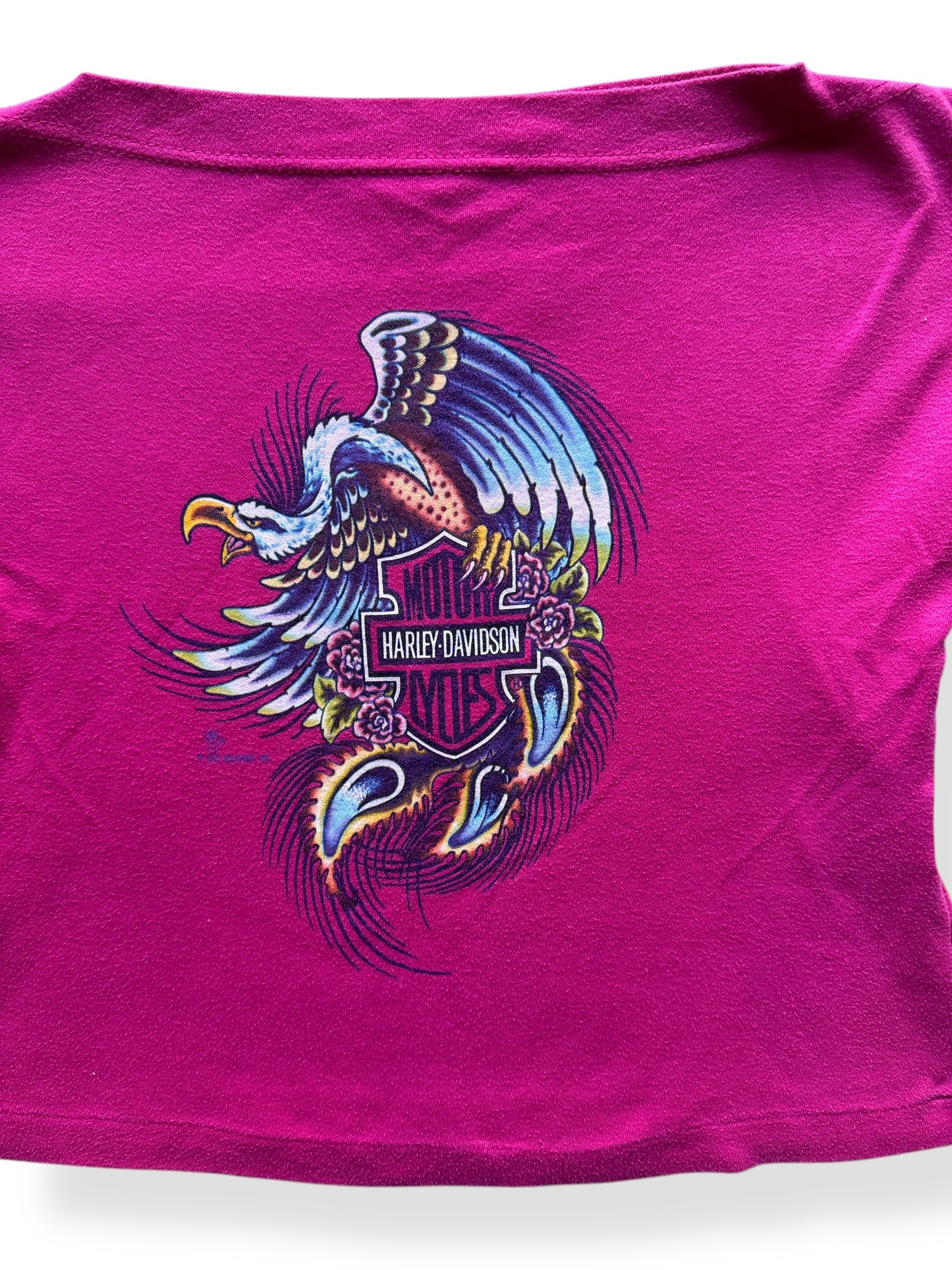 Front Graphic of Vintage Pink Boatneck Holoubek Harley Davidson Eagle Tee SZ M