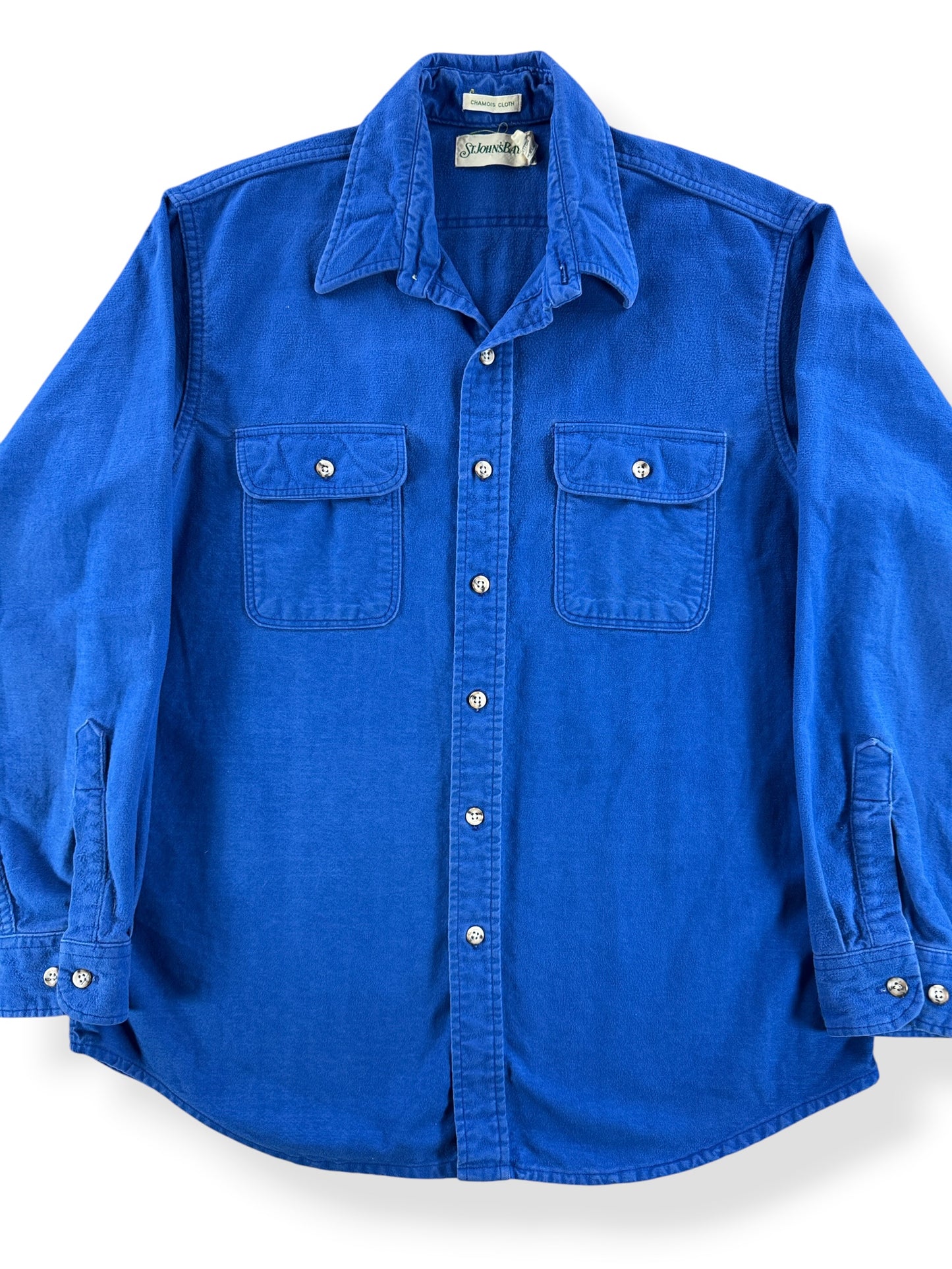 Front Close Up of Vintage St. Johns Bay Blue Chamois Shirt SZ L