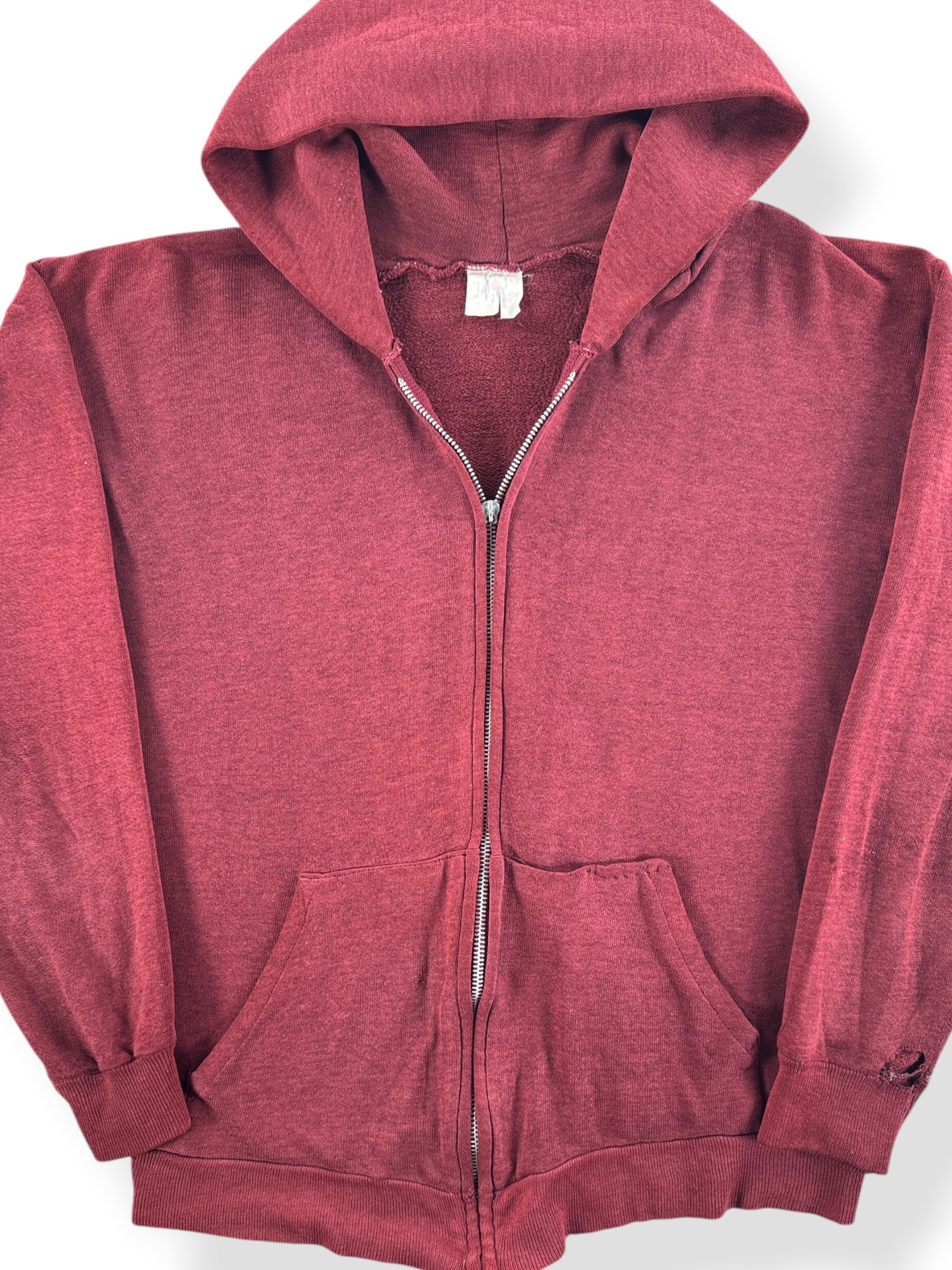 Front Close Up of Vintage Maroon Zip Up Hoodie SZ S
