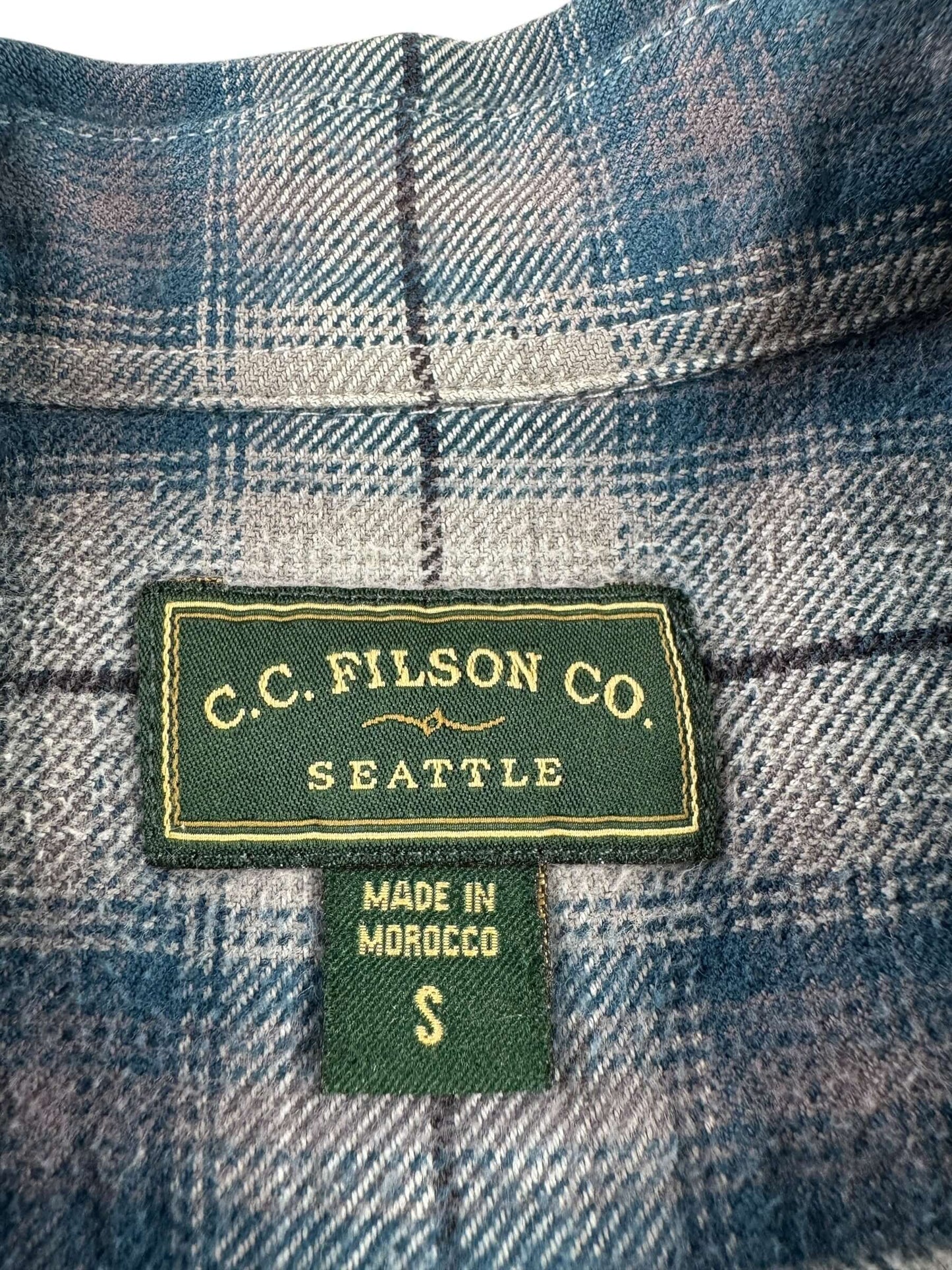 Label on Filson Made in Morocco Flannel SZ S