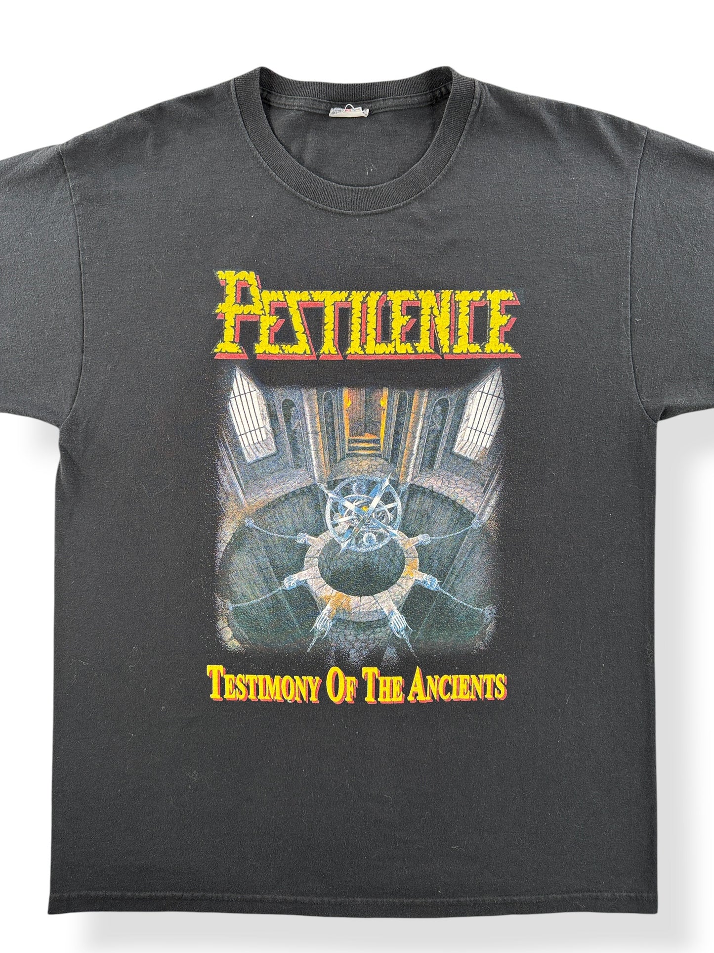 Front Close Up of Vintage Pestilence '91-'92 Tour Tee SZ L