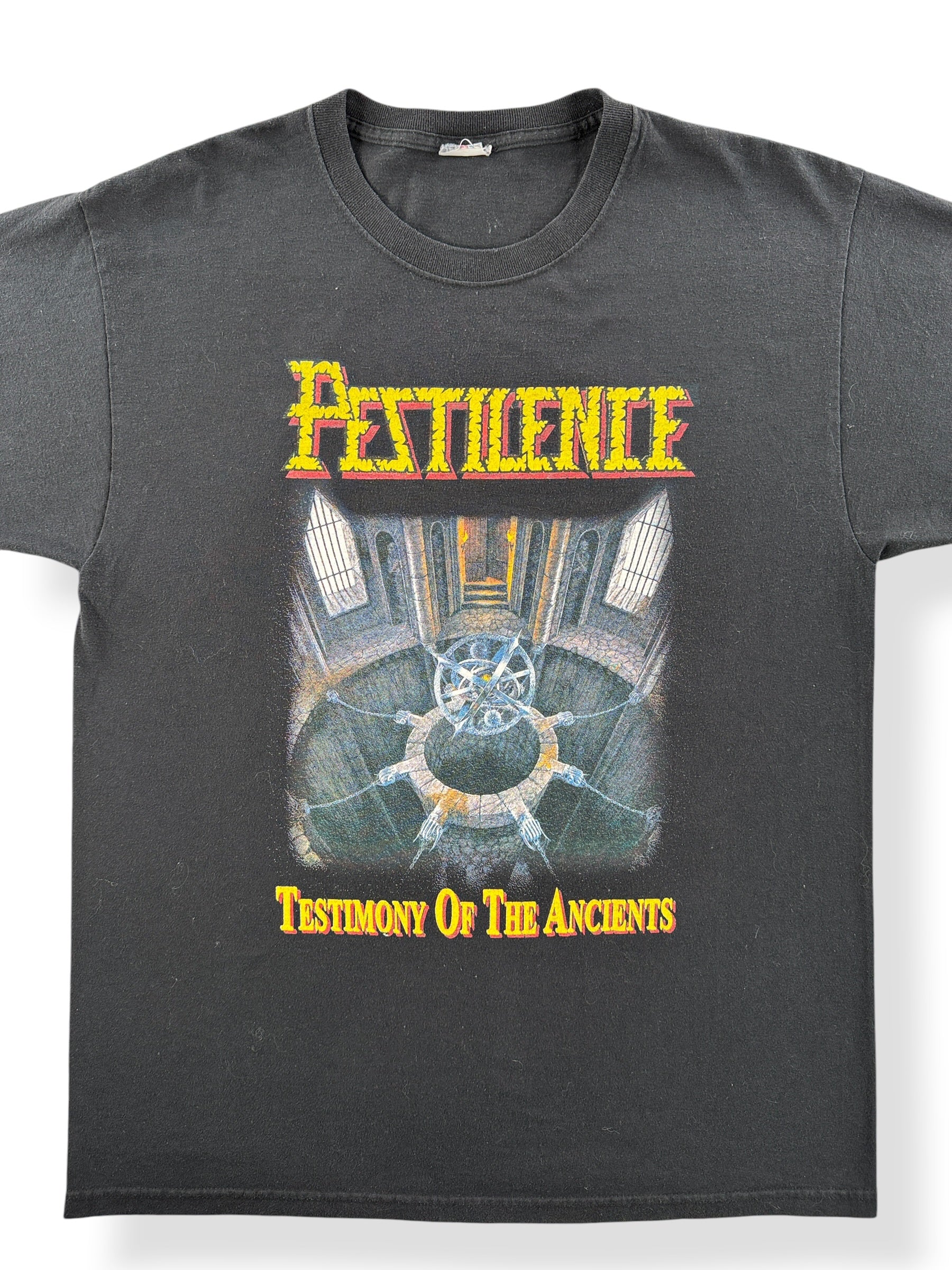 Front Close Up of Vintage Pestilence '91-'92 Tour Tee SZ L