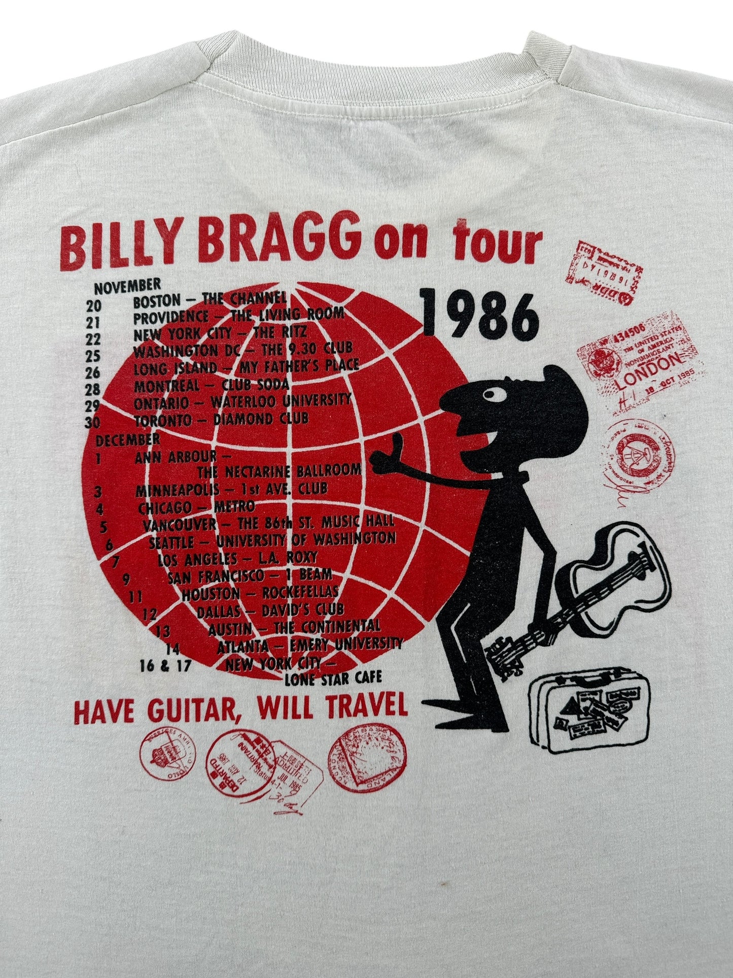 Back Graphic of Vintage Billy Bragg 1986 Have Guitar Will Travel Tour Tee SZ M