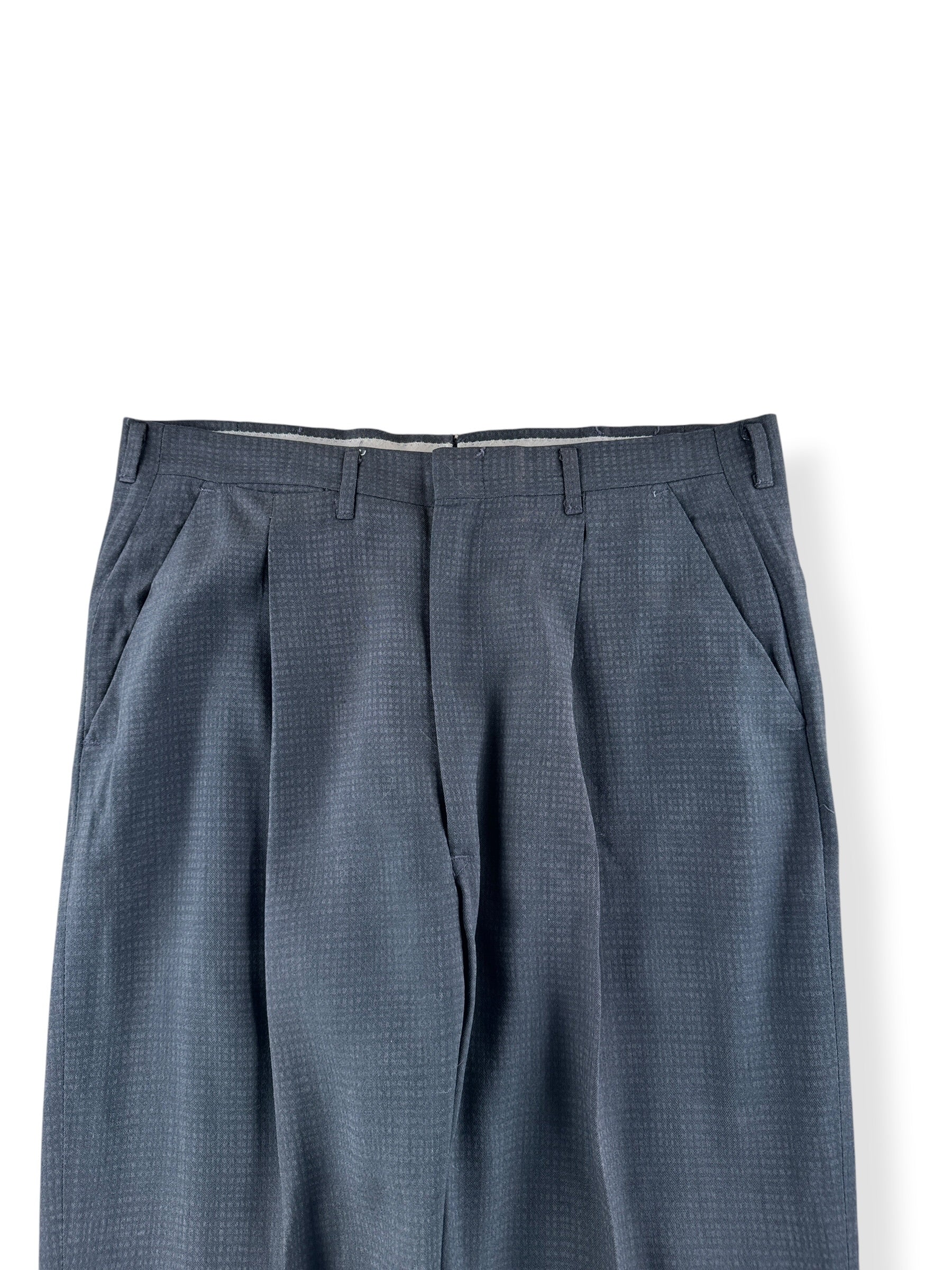 Front Close Up of Vintage 50s Black Gabardine Patterened Drop Loop Trousers W33