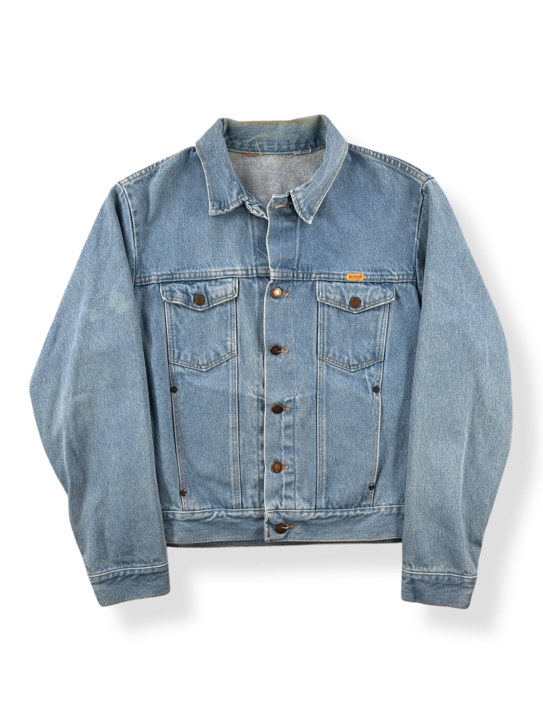 Front of Vintage Rustler Native Art Denim Jacket SZ L