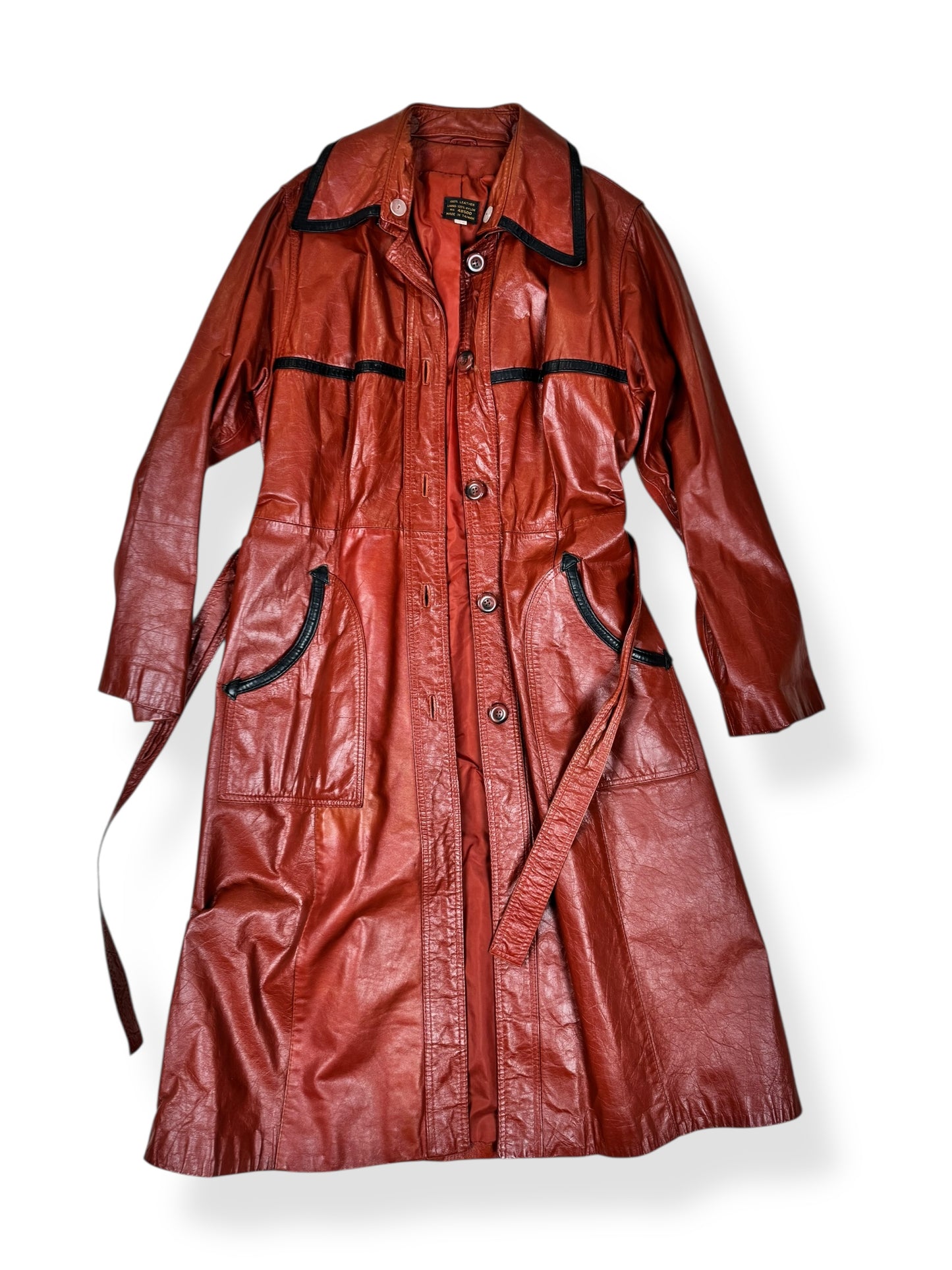 Front of 1970s Belted Leather Trench S-M