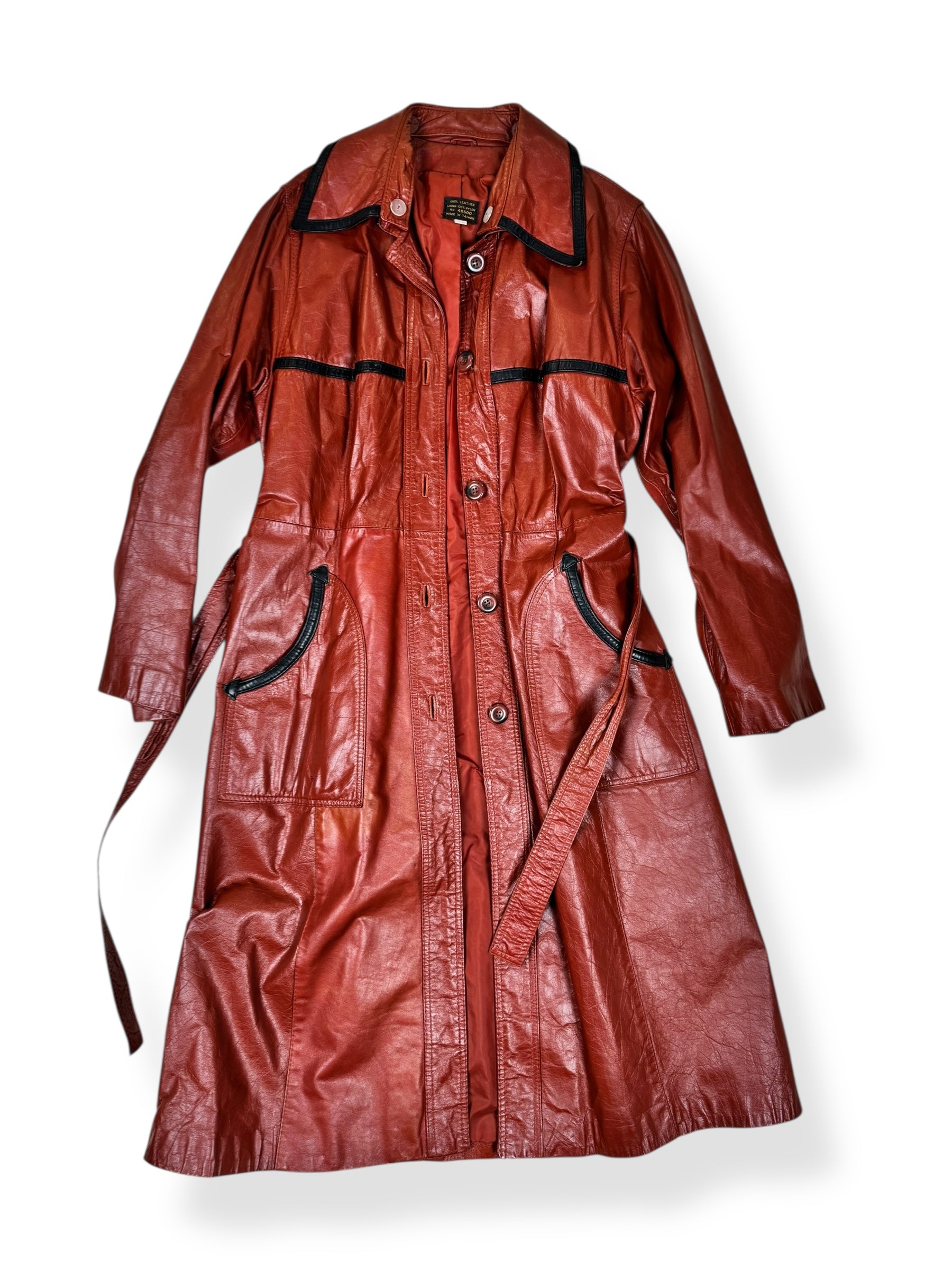 Front of 1970s Belted Leather Trench S-M