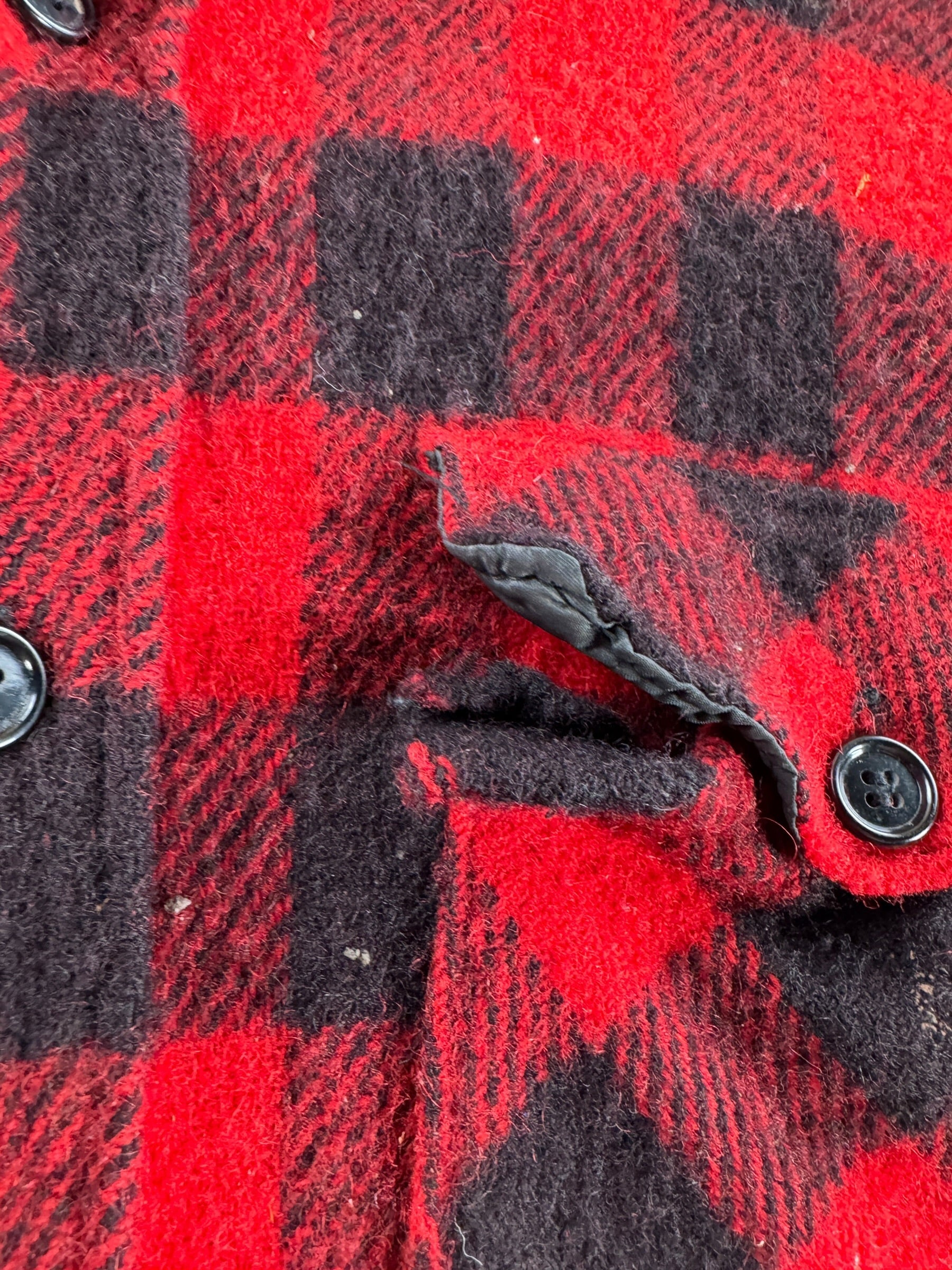 Damage on Vintage Woolrich Buffalo Plaid Flannel SZ L