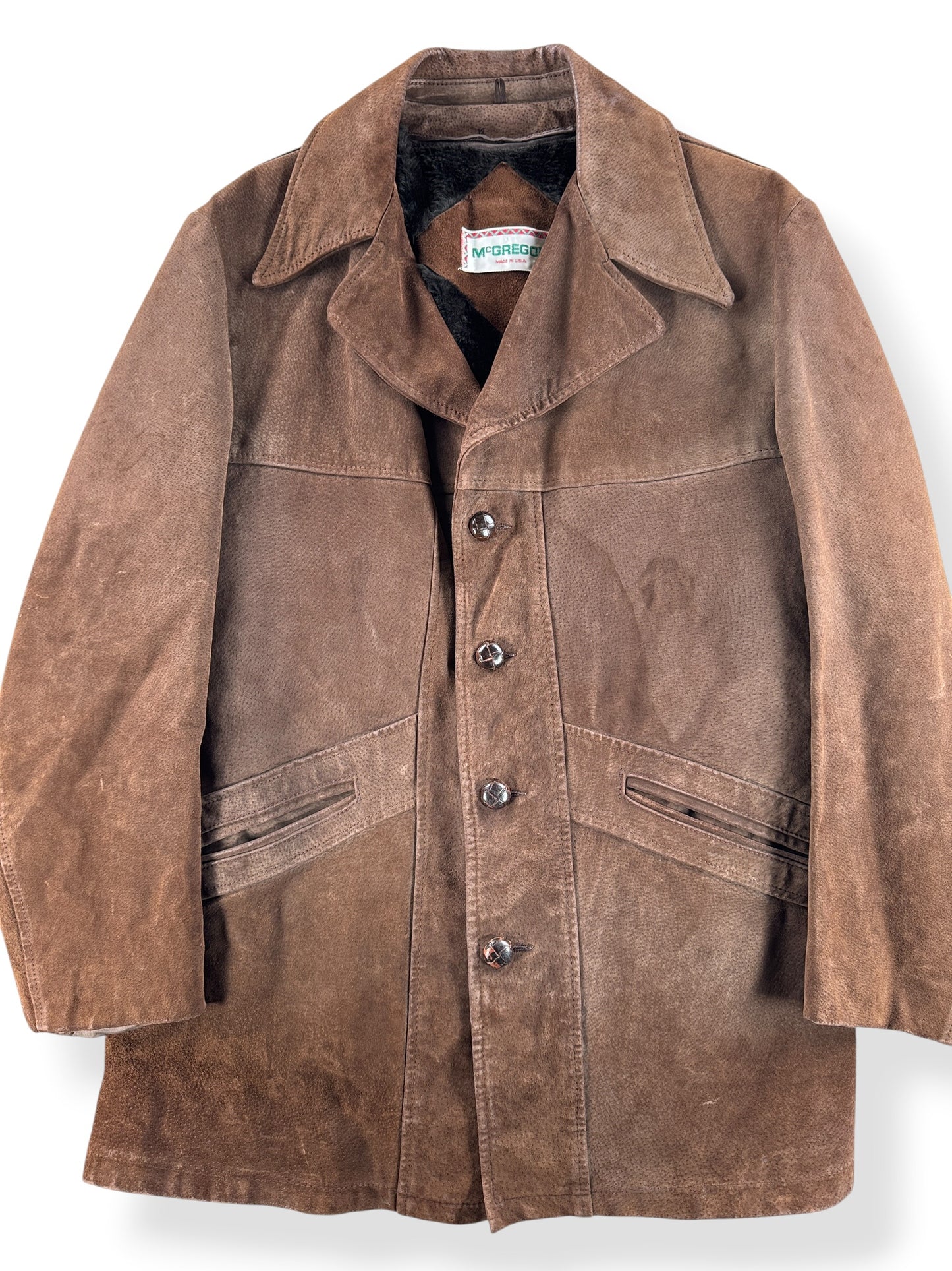 Front Close Up of Vintage 70s Mcgregor Suede Lined Coat SZ 46