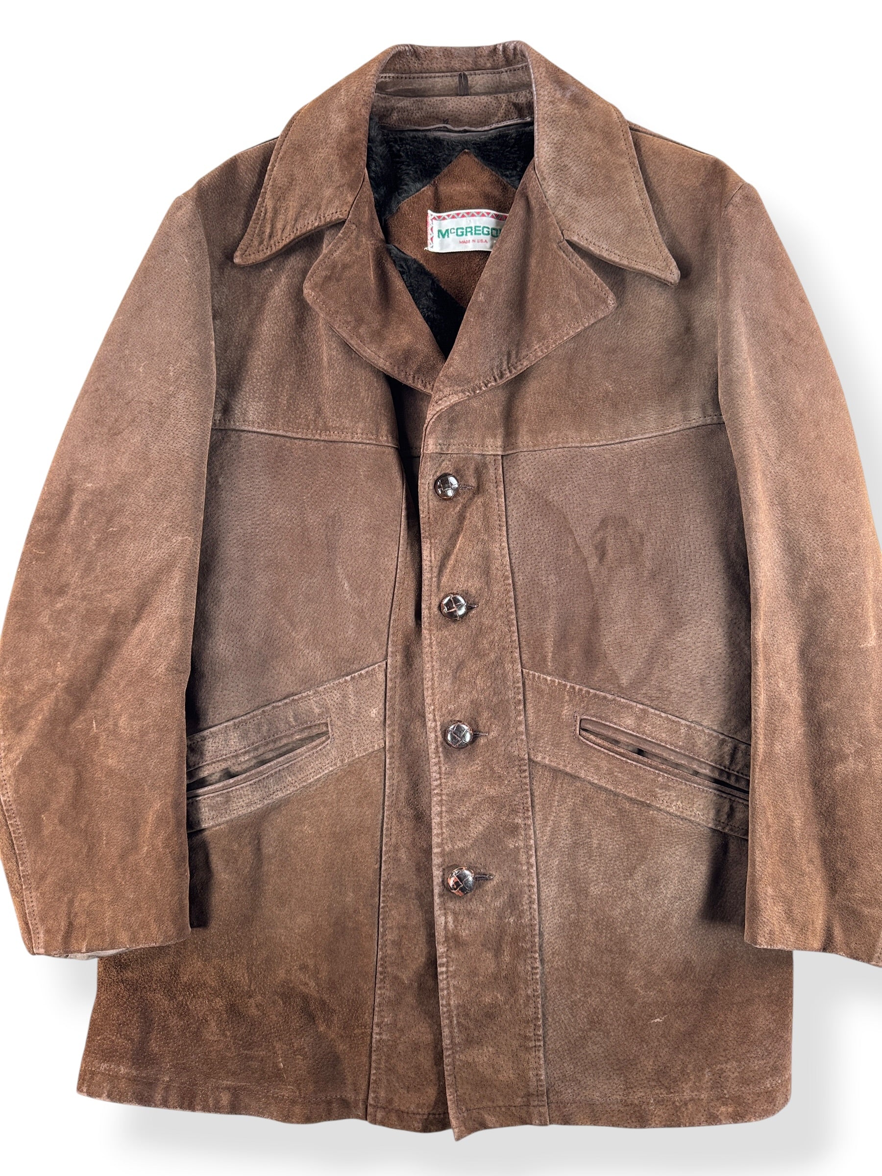 Front Close Up of Vintage 70s Mcgregor Suede Lined Coat SZ 46