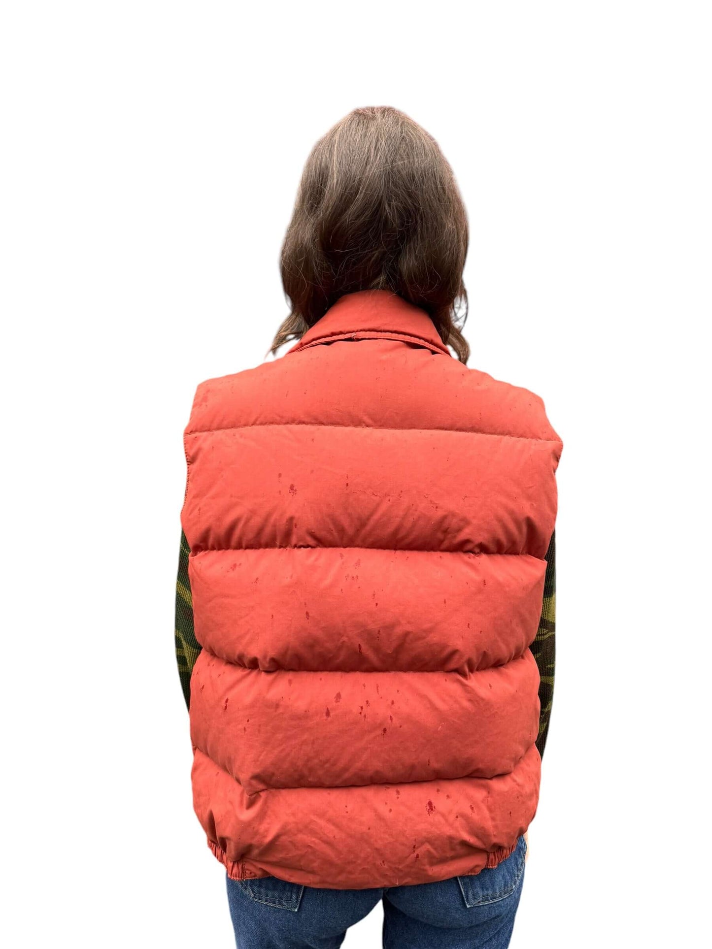 Back model view of 1970s Sears Burnt Orange Puffer Vest L