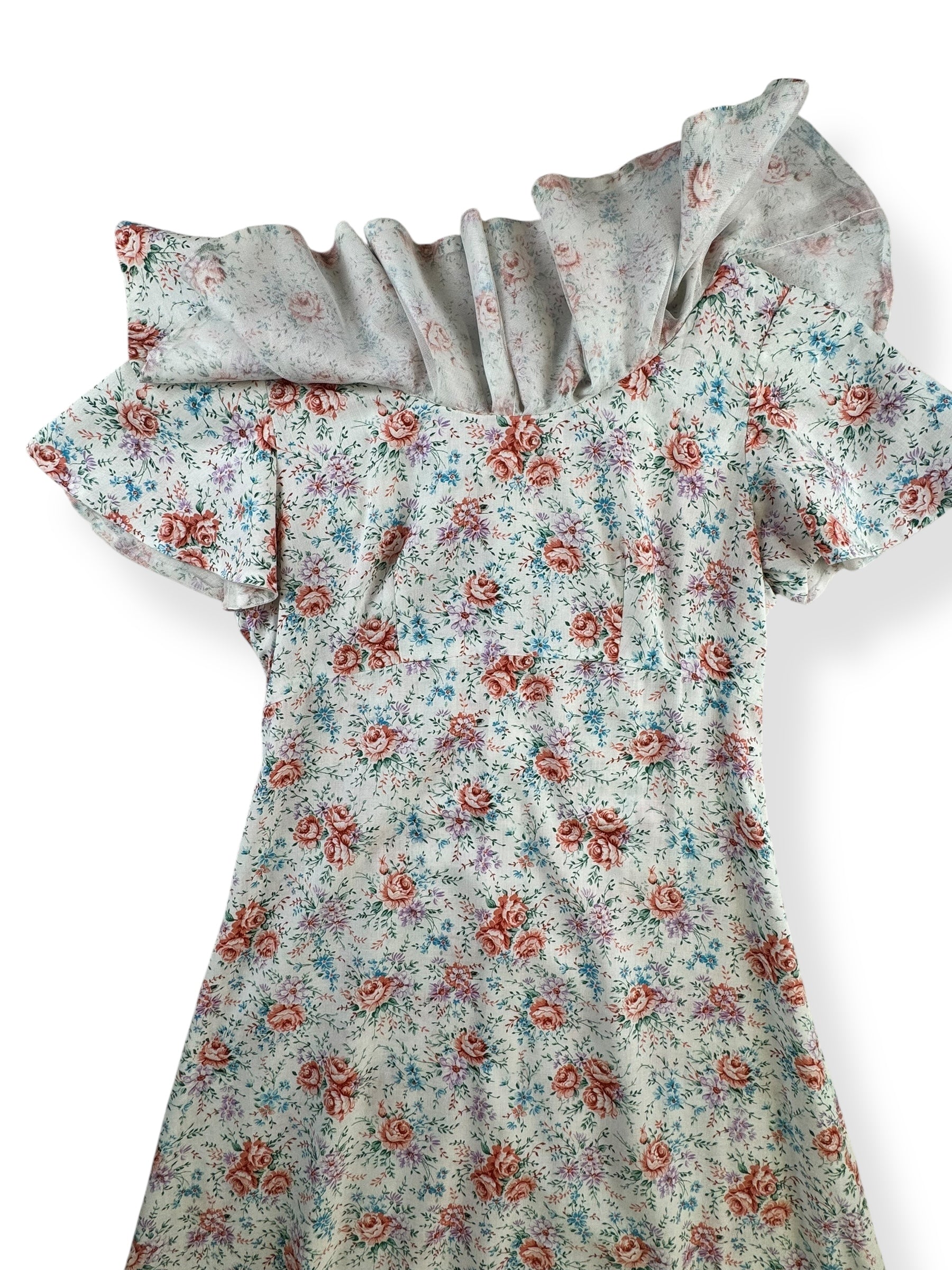 Front top of 1970s Floral Ruffle Maxi Dress S