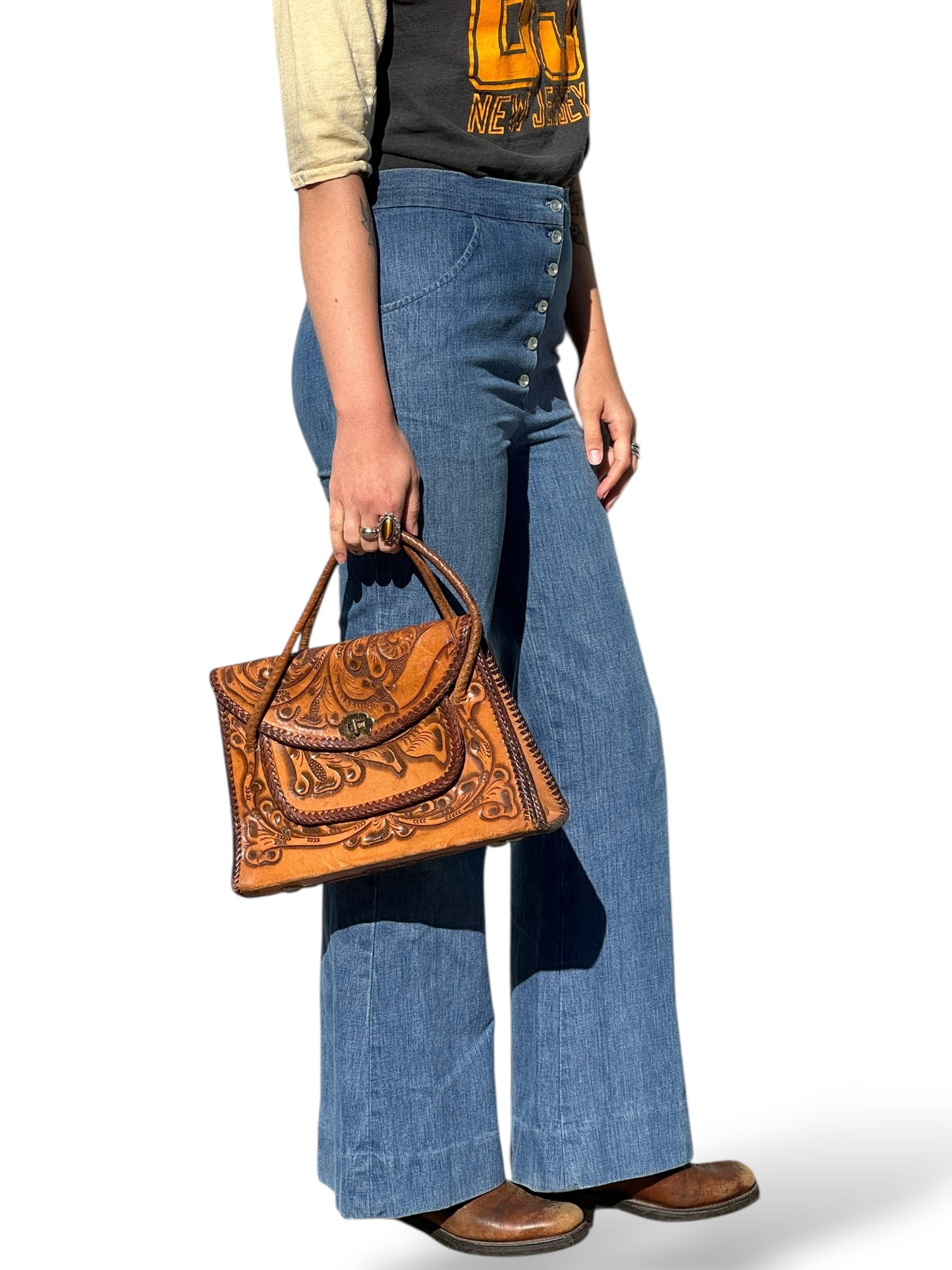 Side on Body of Vintage Homemade Denim Bell Bottom Jeans W31