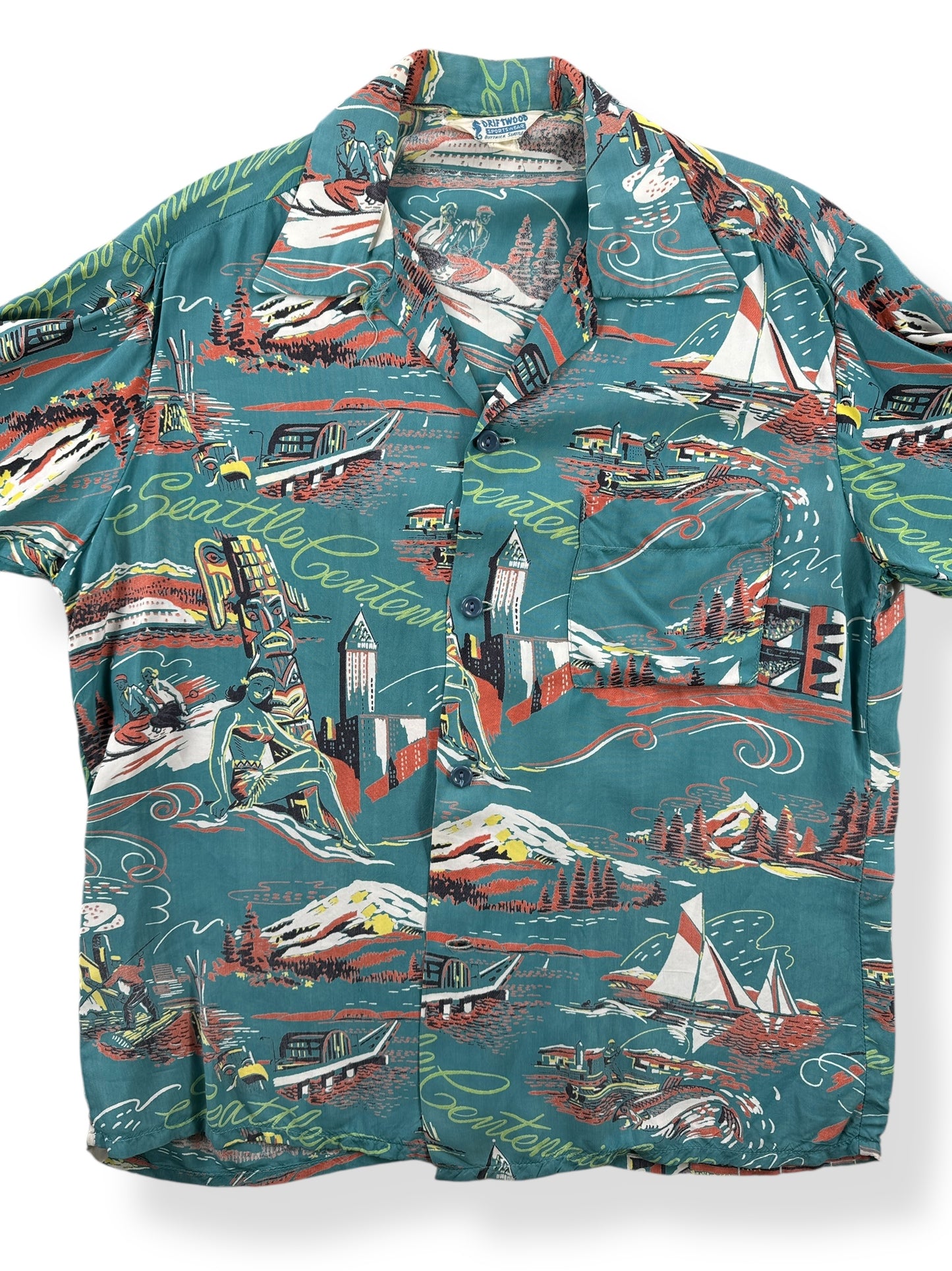 Front Close Up of Vintage Blue Driftwood Seattle Centennial Aloha Shirt SZ M