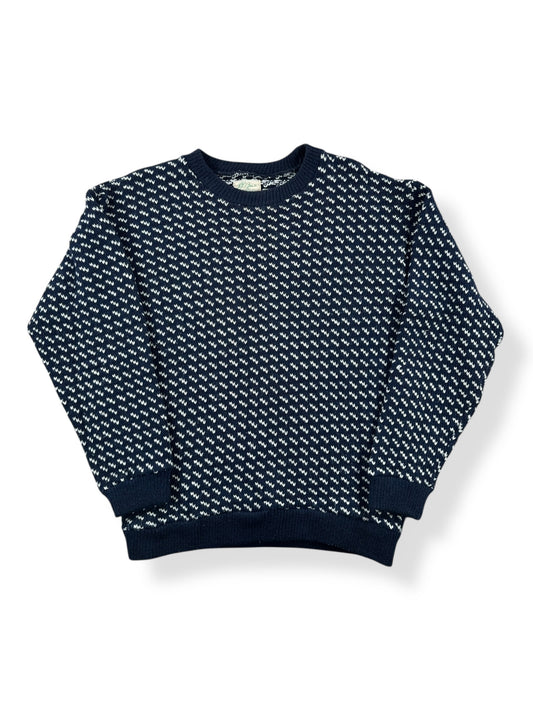 Front of Vintage LL Bean Script Birdseye Sweater Blue & White SZ L
