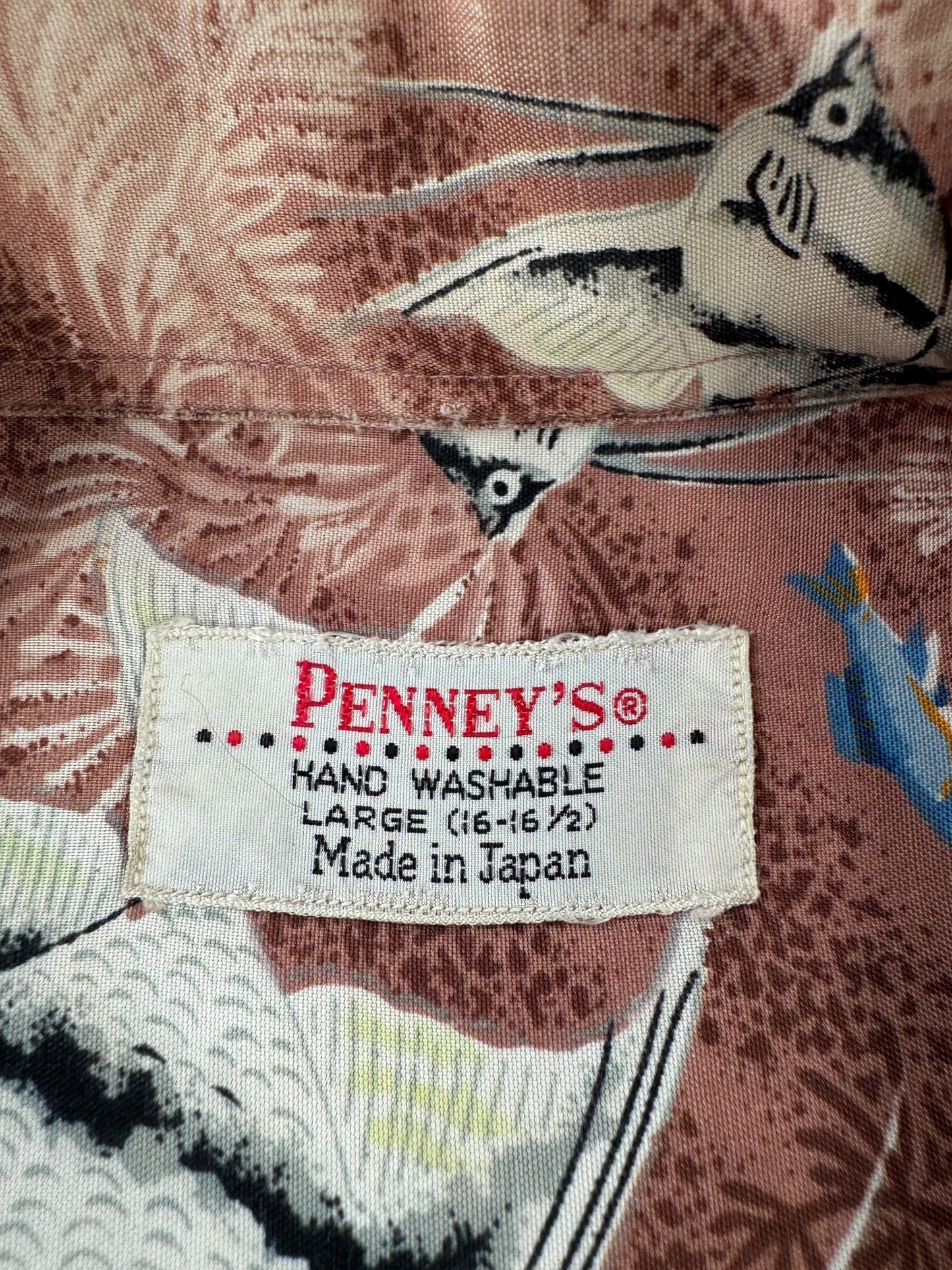 Tag on Vintage Penney's Rayon Fish Aloha Shirt SZ L