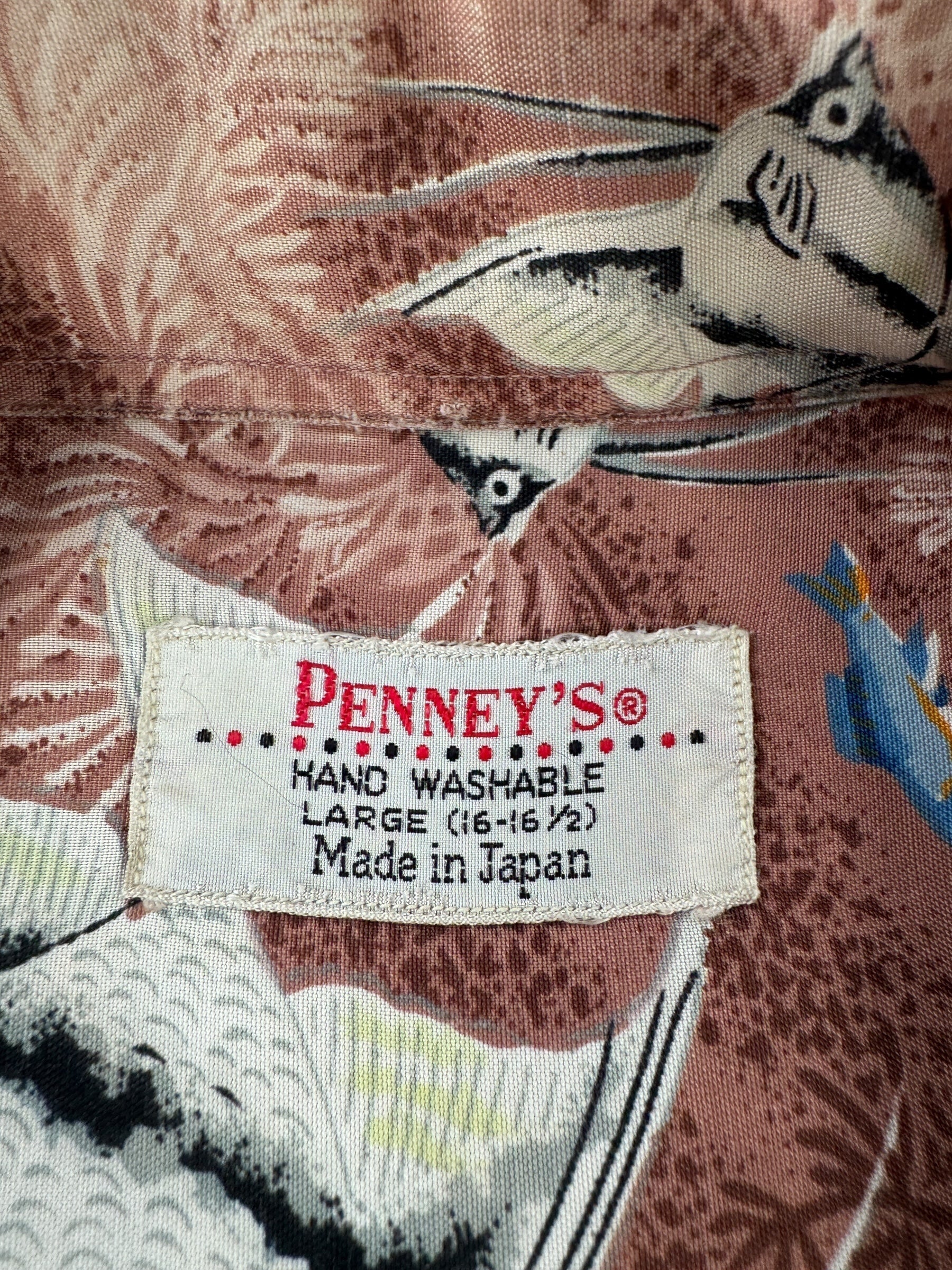 Tag on Vintage Penney's Rayon Fish Aloha Shirt SZ L
