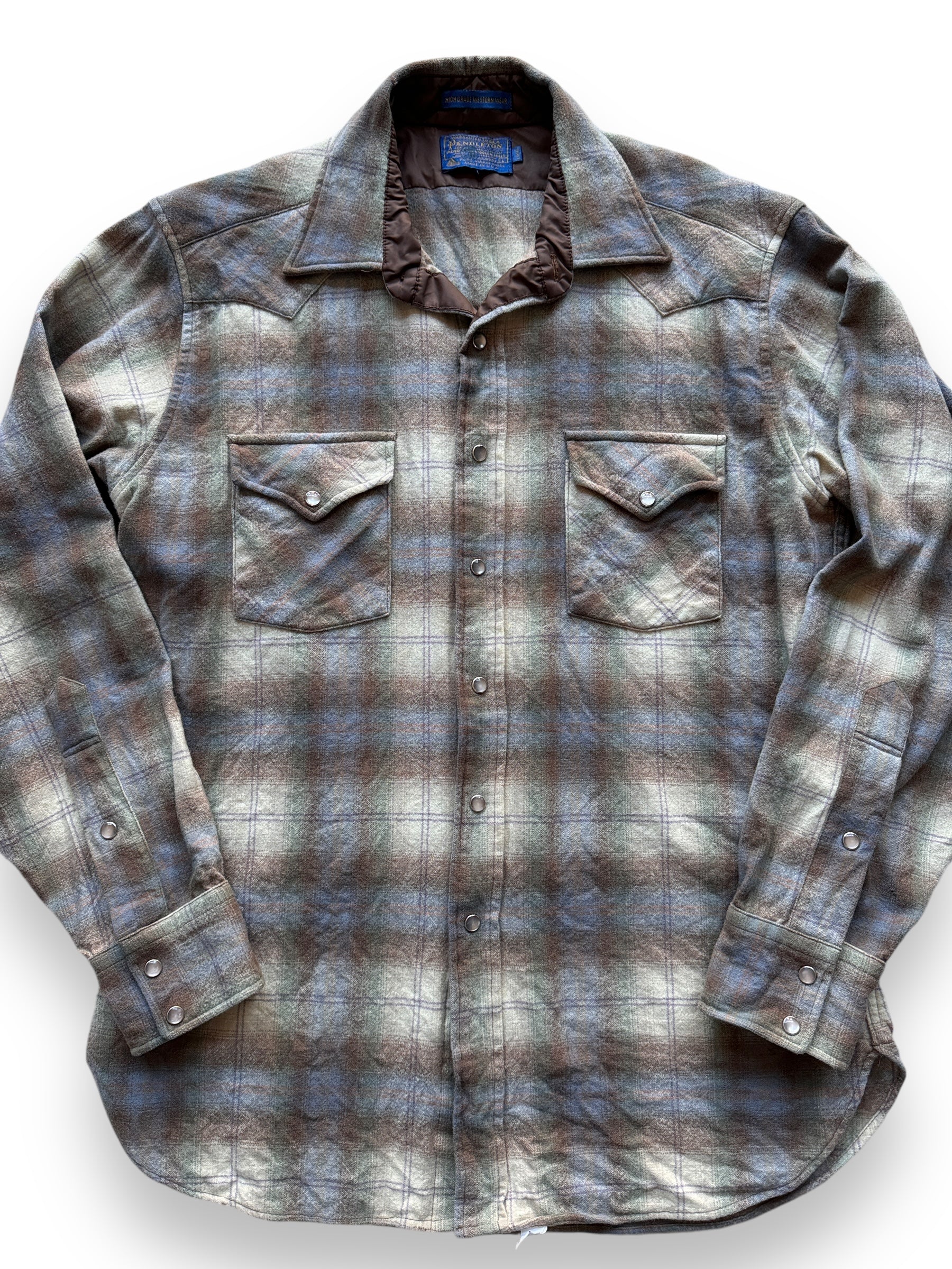 front close up of Vintage Pendleton Blue/Beige/Brown Western Flannel SZ L Long