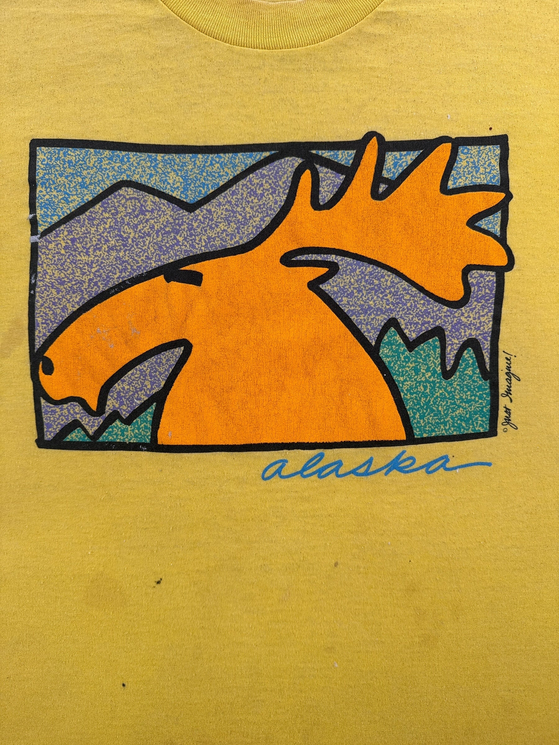 Front Graphic of Vintage Yellow Alaska Moose Tee SZ L