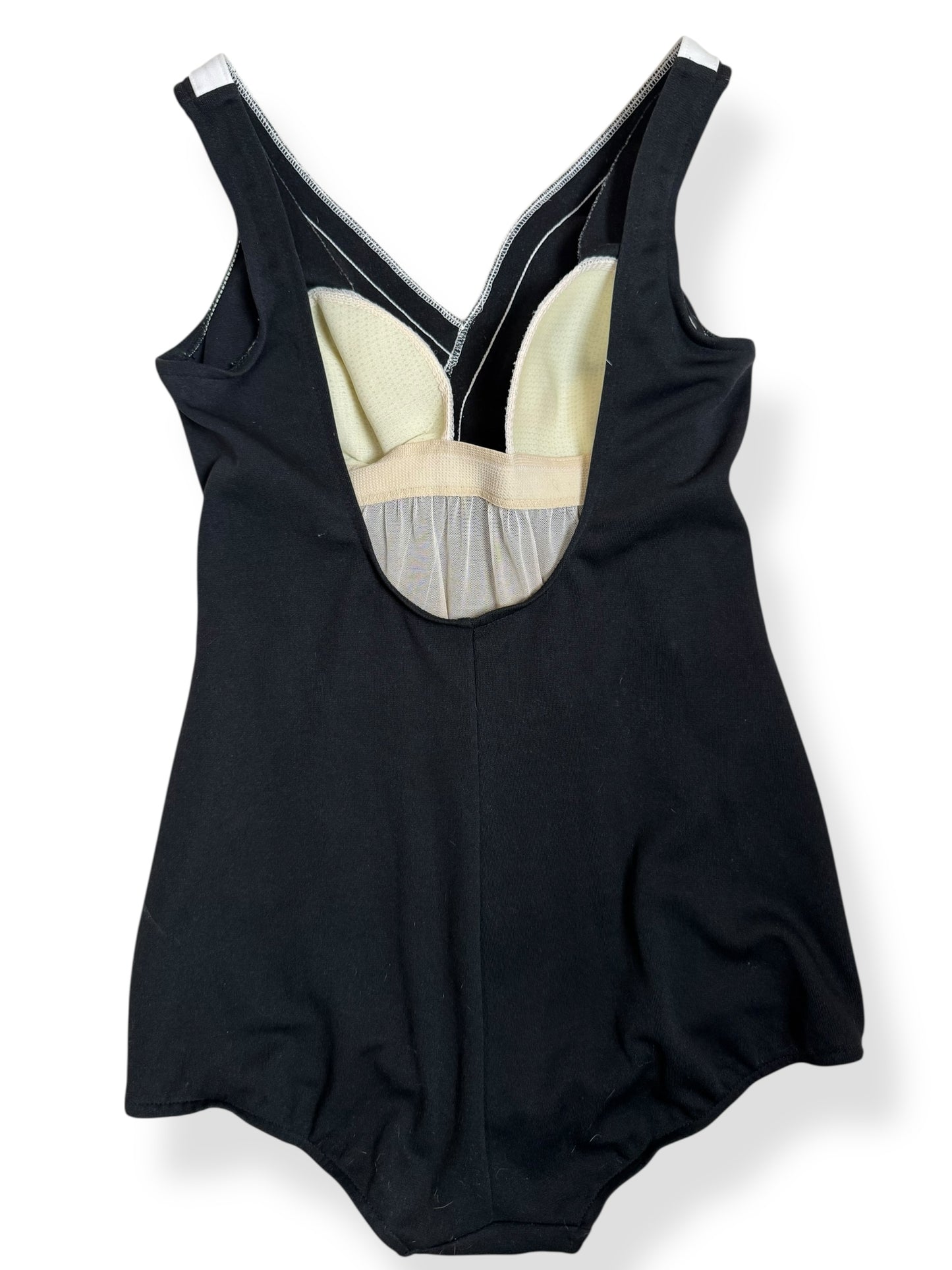 Back view of 1970s Black and White Carriage Court Piece Bathing Suit L