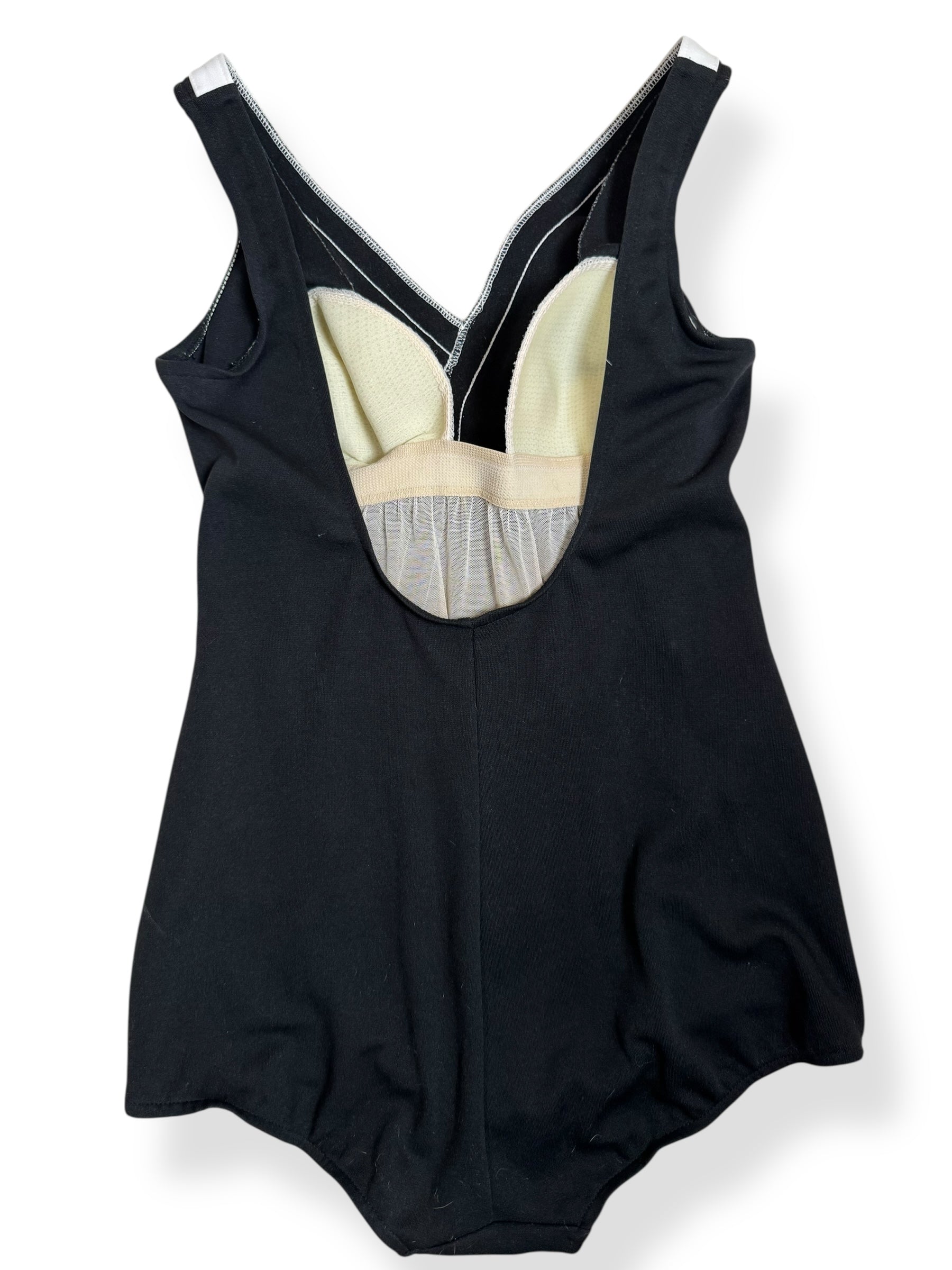 Back view of 1970s Black and White Carriage Court Piece Bathing Suit L