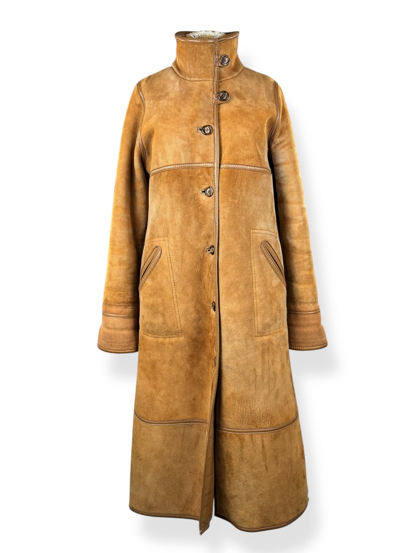 Front of 1970s Aleksander Suede Shearling Coat M