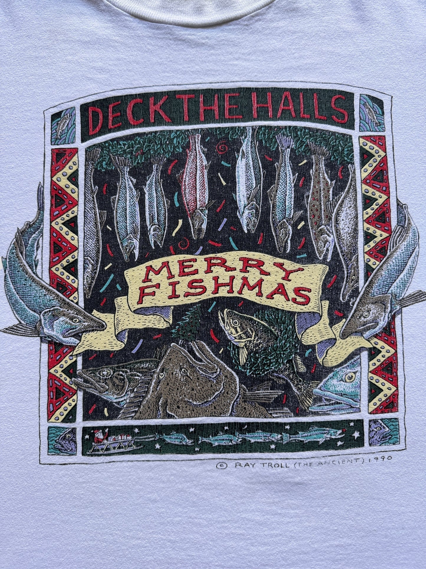 Front Graphic Detail on Vintage Ray Troll "Merry Fishmas" Tee SZ XL