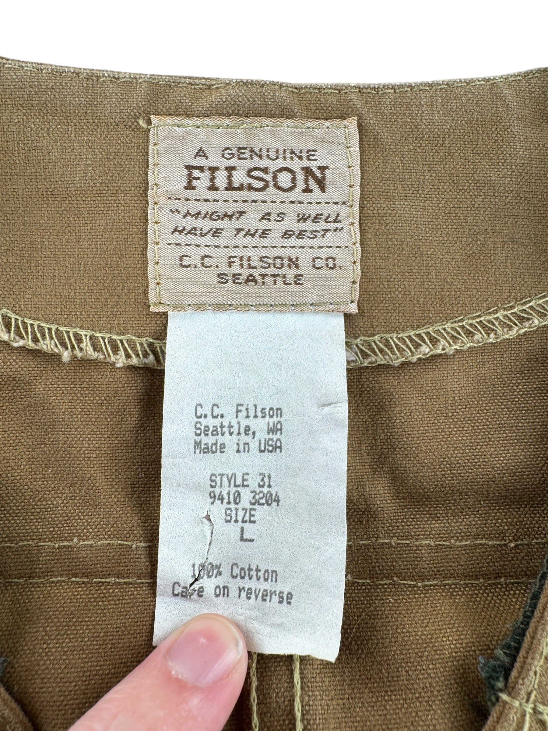 Tag on Vintage Filson Tin Cloth Style 31 Hunting Vest SZ L