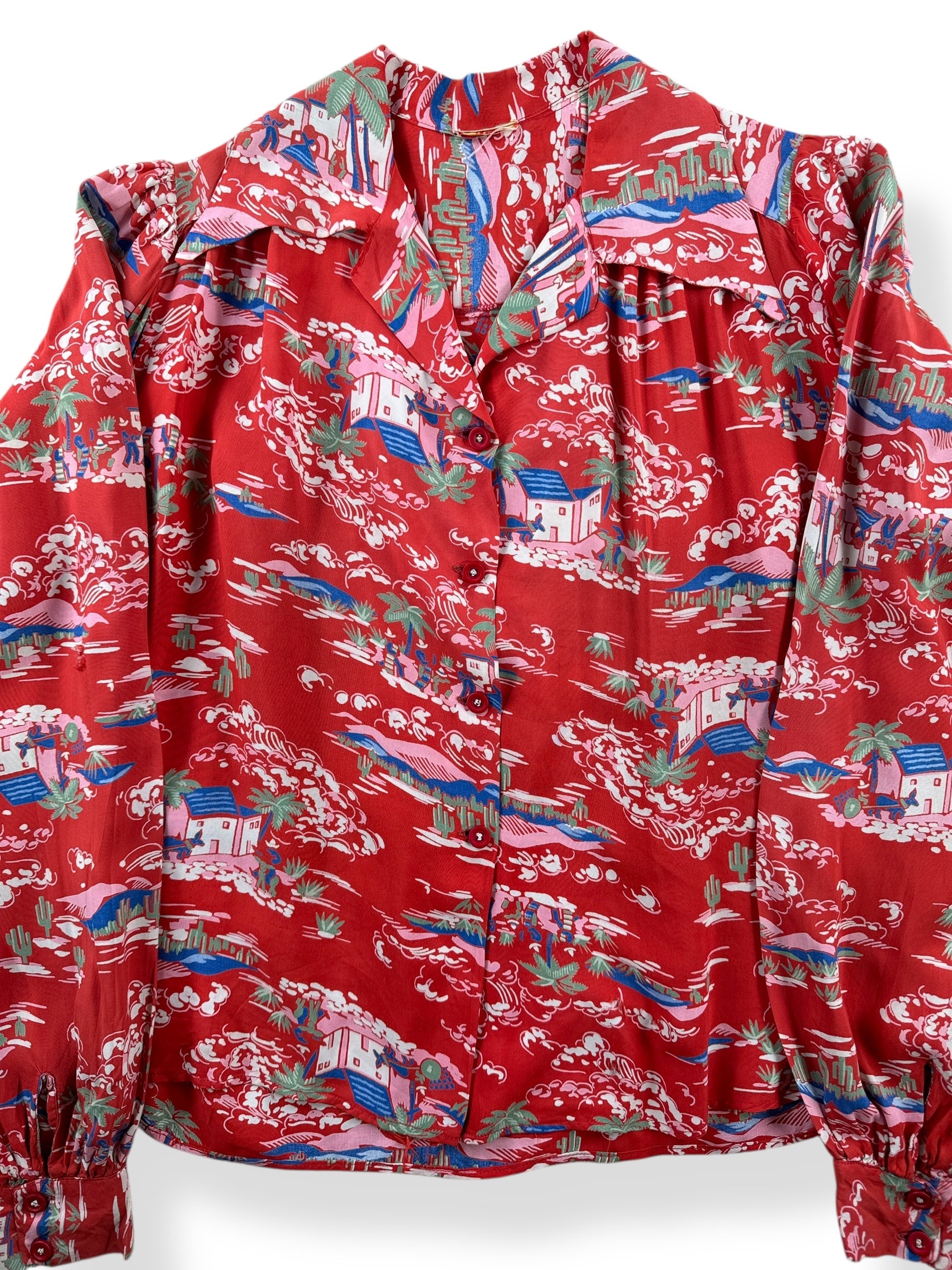 Front Close Up of Vintage Mexican Motif Ladies Aloha Shirt SZ M
