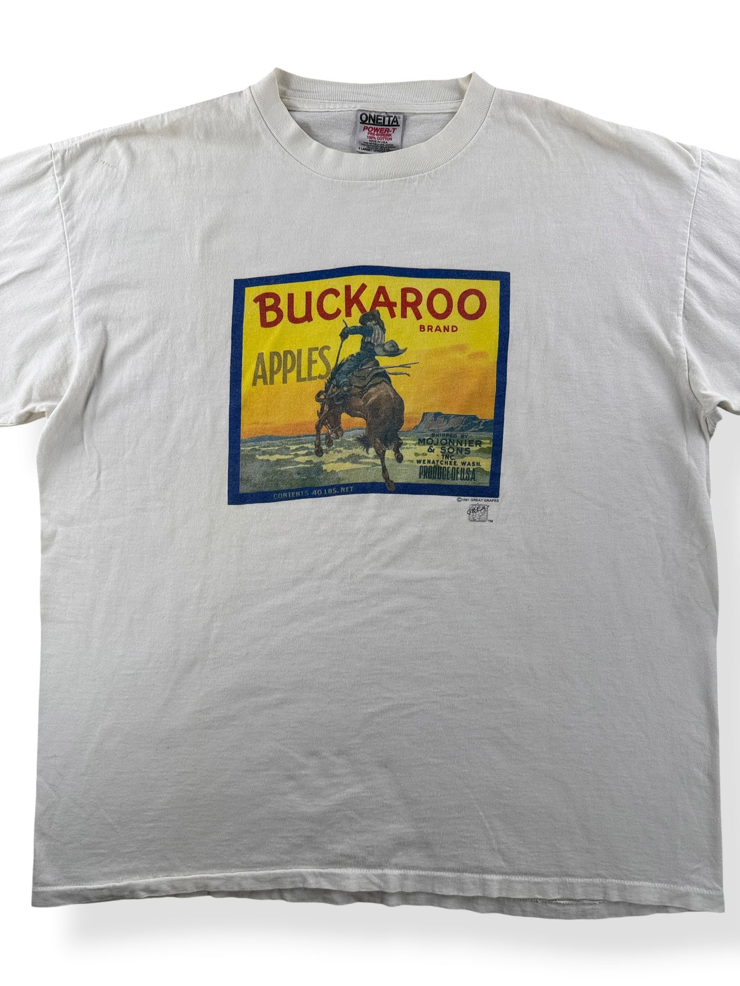 Close-up of Vintage Buckaroo Brand Apples Cowboy Tee SZ XL