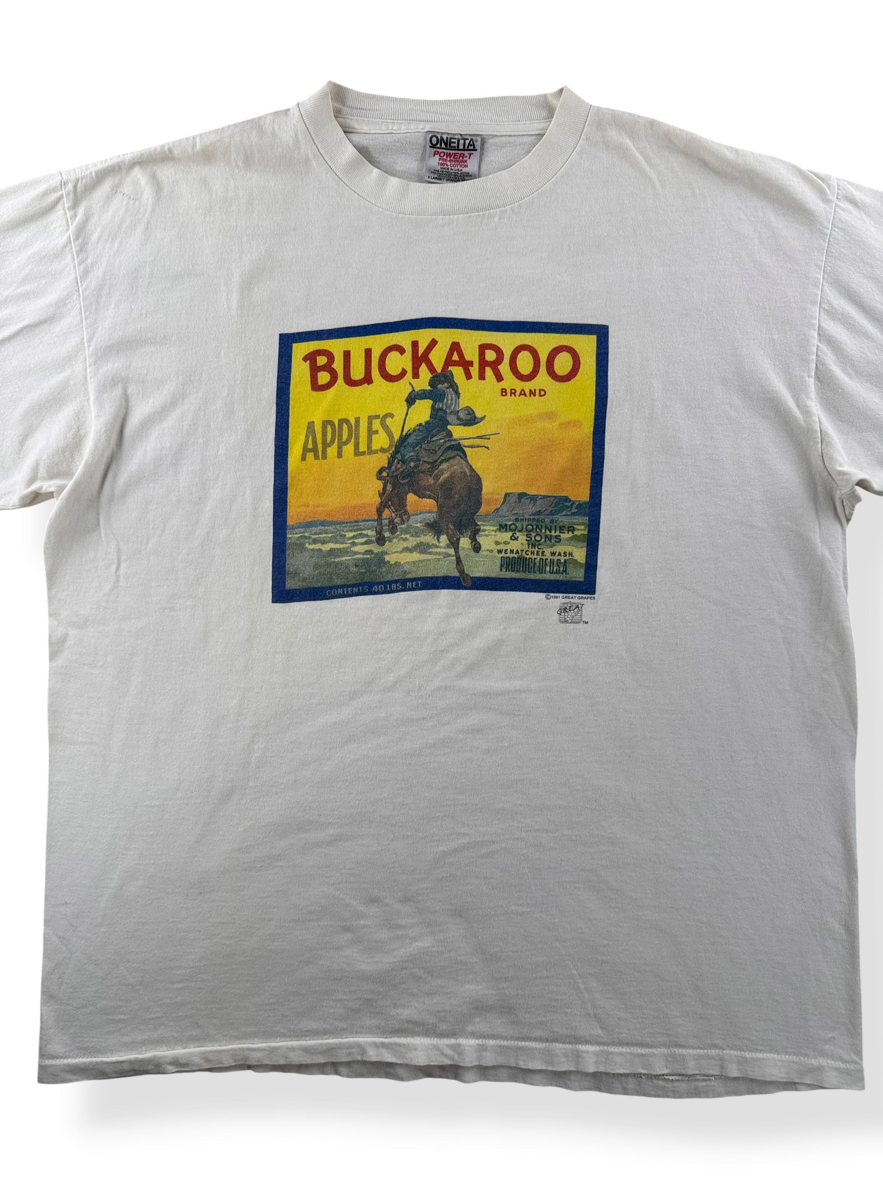 Close-up of Vintage Buckaroo Brand Apples Cowboy Tee SZ XL